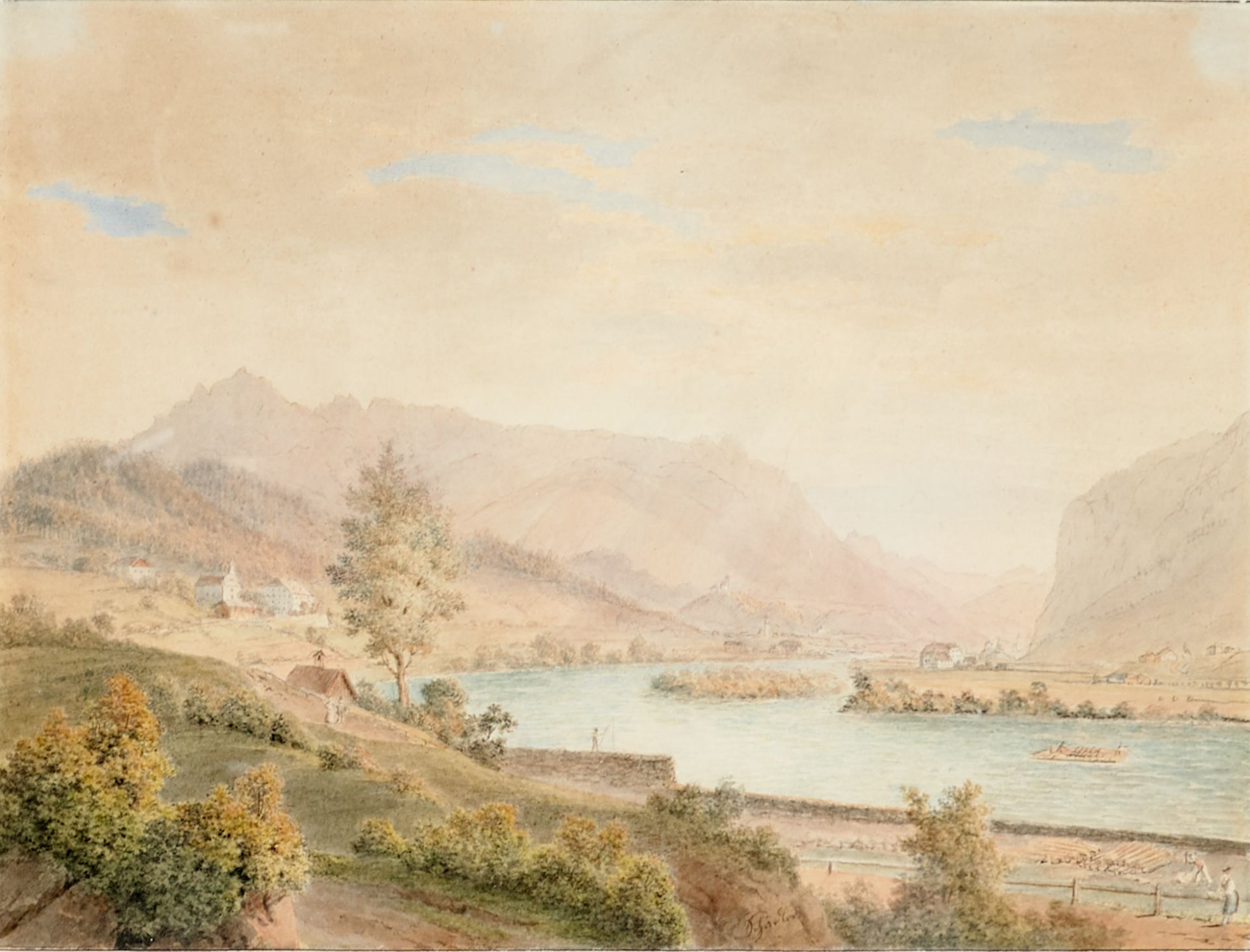 Schedler, Johann Georg (Konstanz 1777-1866 Innsbruck), Flußlandschaft mit Bergen, wohl in Tirol.