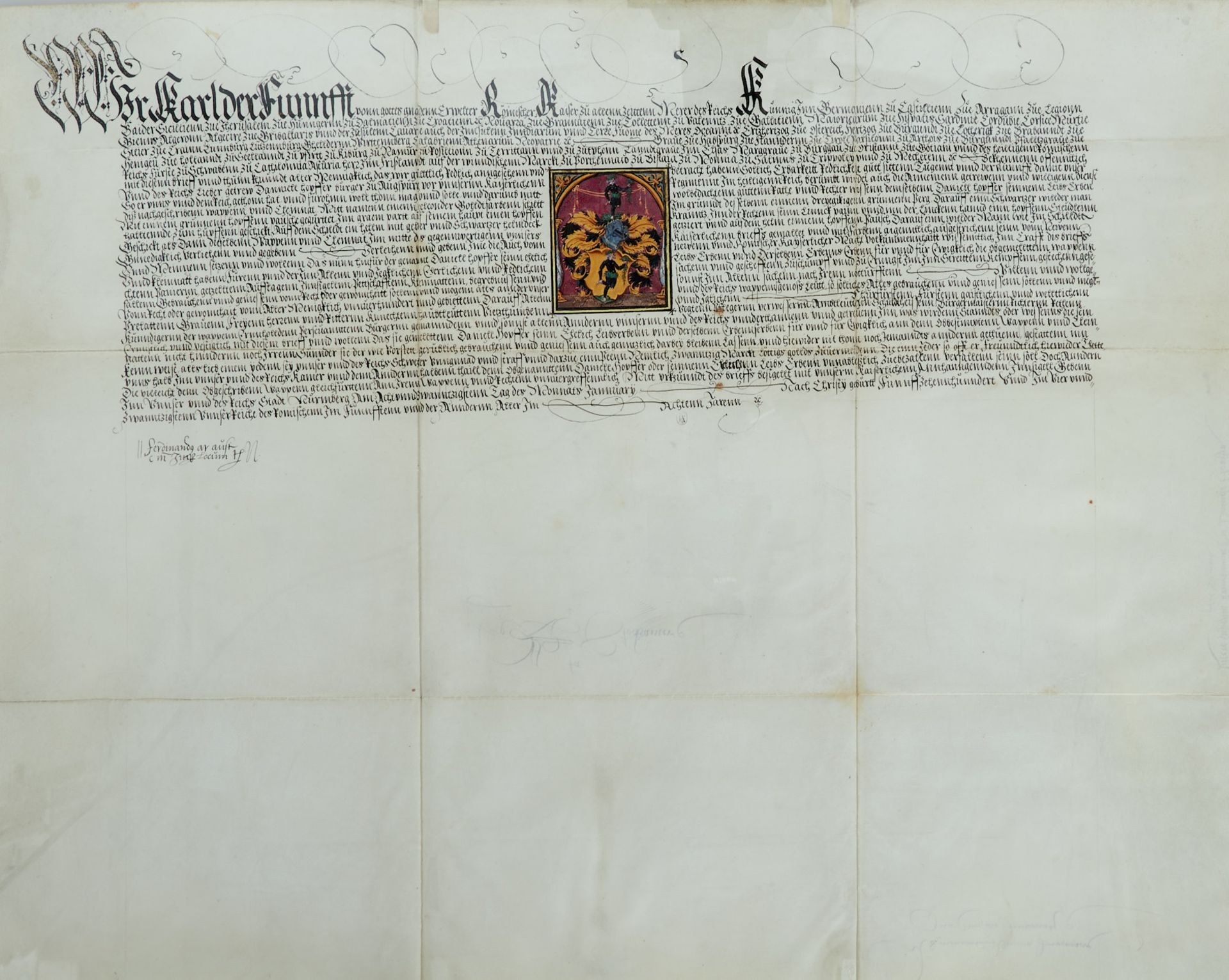 Hopfer Wappenbrief für Daniel Hopfer. Deutsche Urkunde auf Pergament. Dat. Nürnberg, 28. 1. 1524.