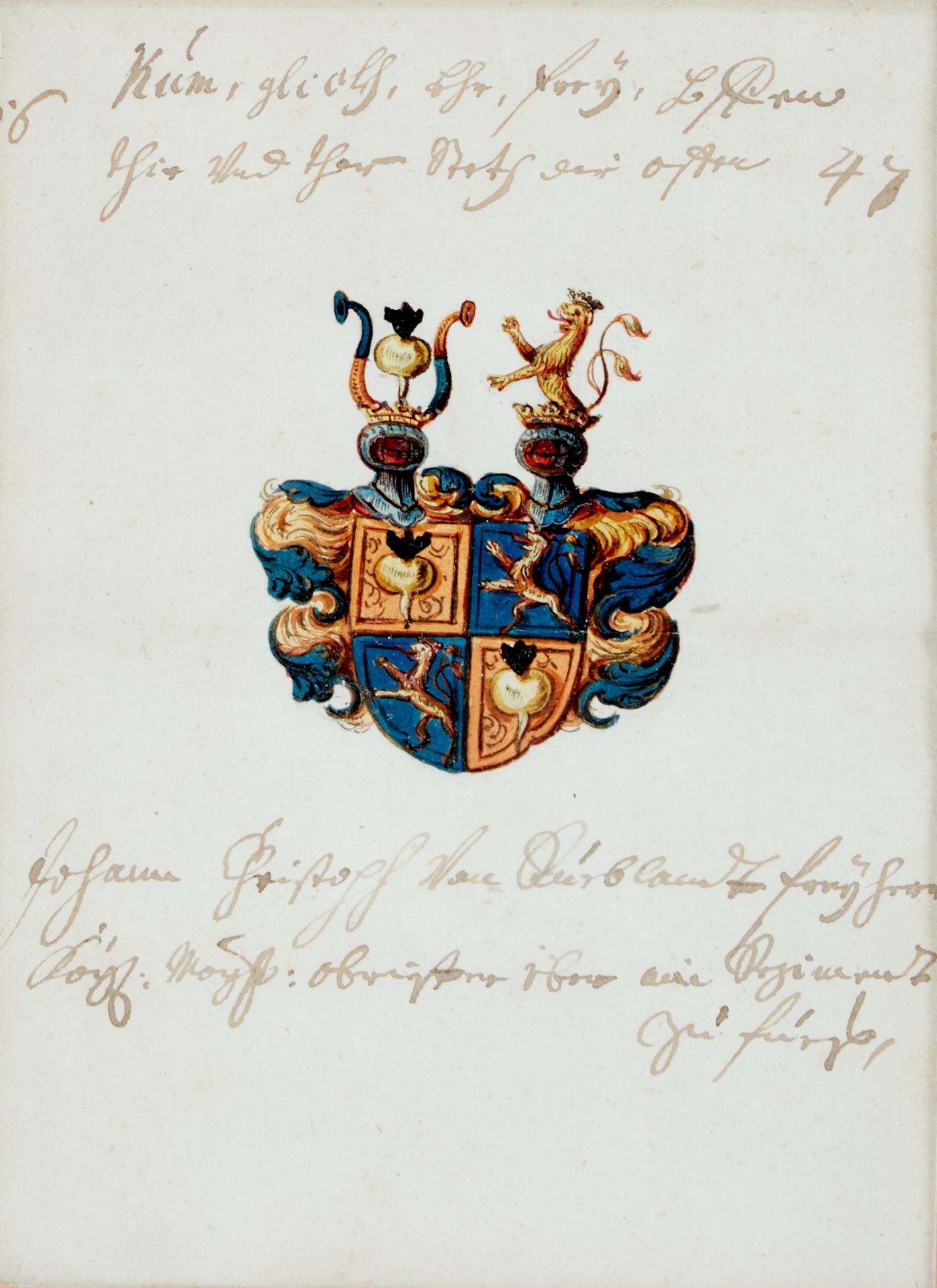 Wappen Ruebland Einzelblatt mit gouachiertem Wappen des Johann Christoph Freiherr von der