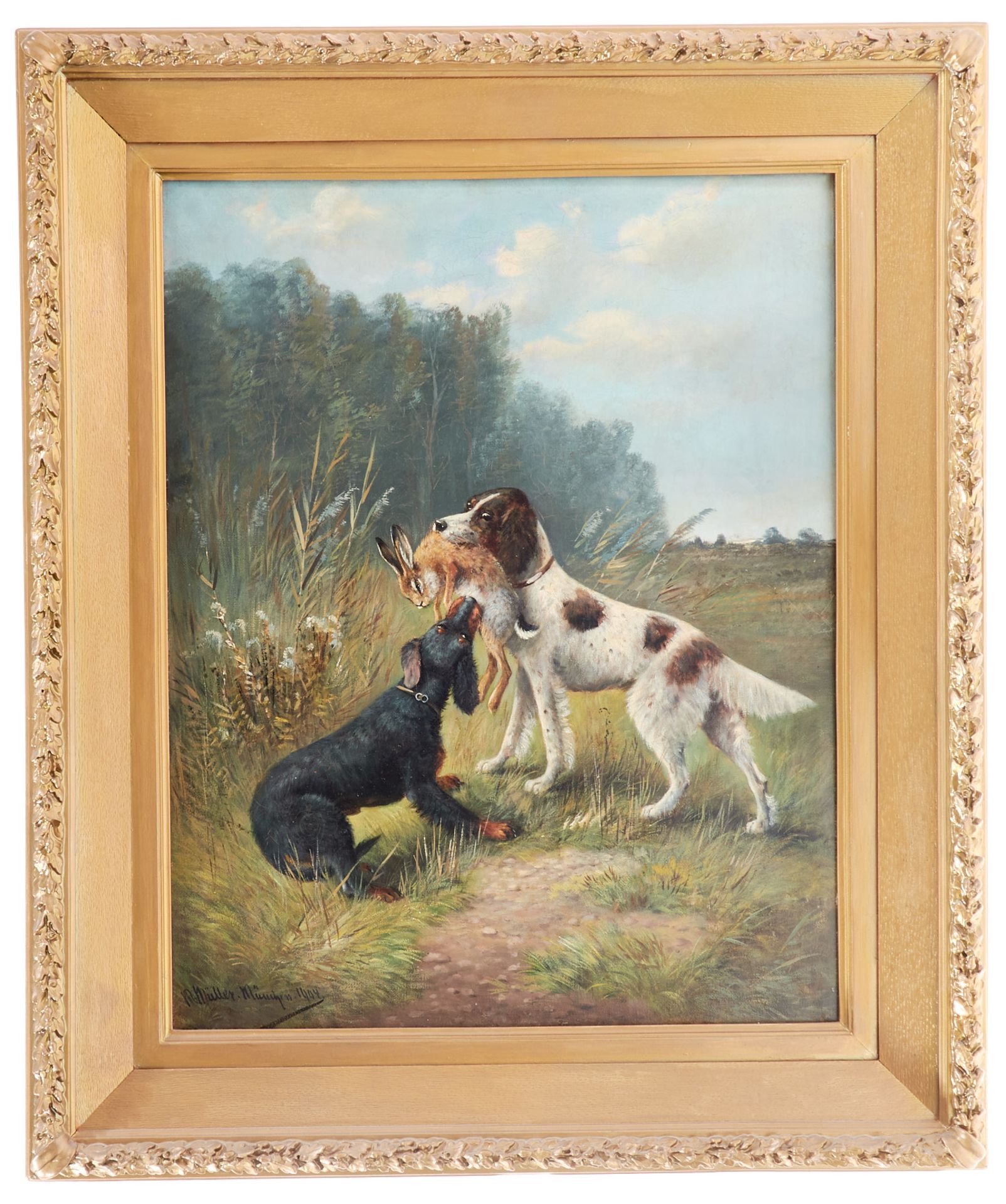 Müller, Moritz (tätig um 1900-1923), Zwei Jagdhunde mit Beute. Öl auf Leinwand, doubliert. Sign., - Bild 2 aus 2