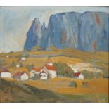 Heidegger, Gilbert (Margreid 1872-1956 Innsbruck), Blick auf den Schlern. Öl auf Platte. 16 x 18 cm.