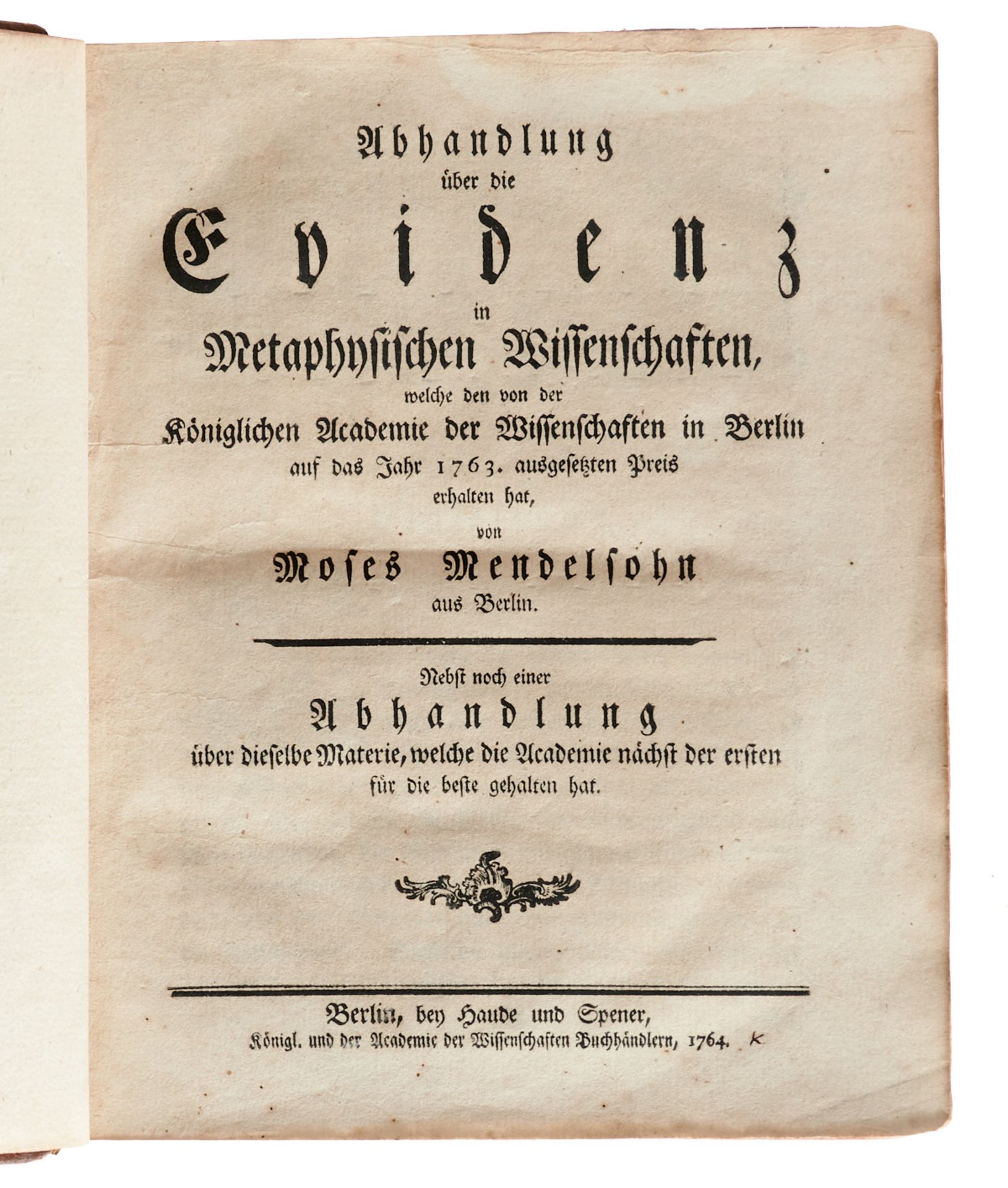 Mit der Preisschrift in Deutsch, Latein und Französisch Mendelssohn, M., Abhandlung über die Evidenz - Bild 2 aus 6