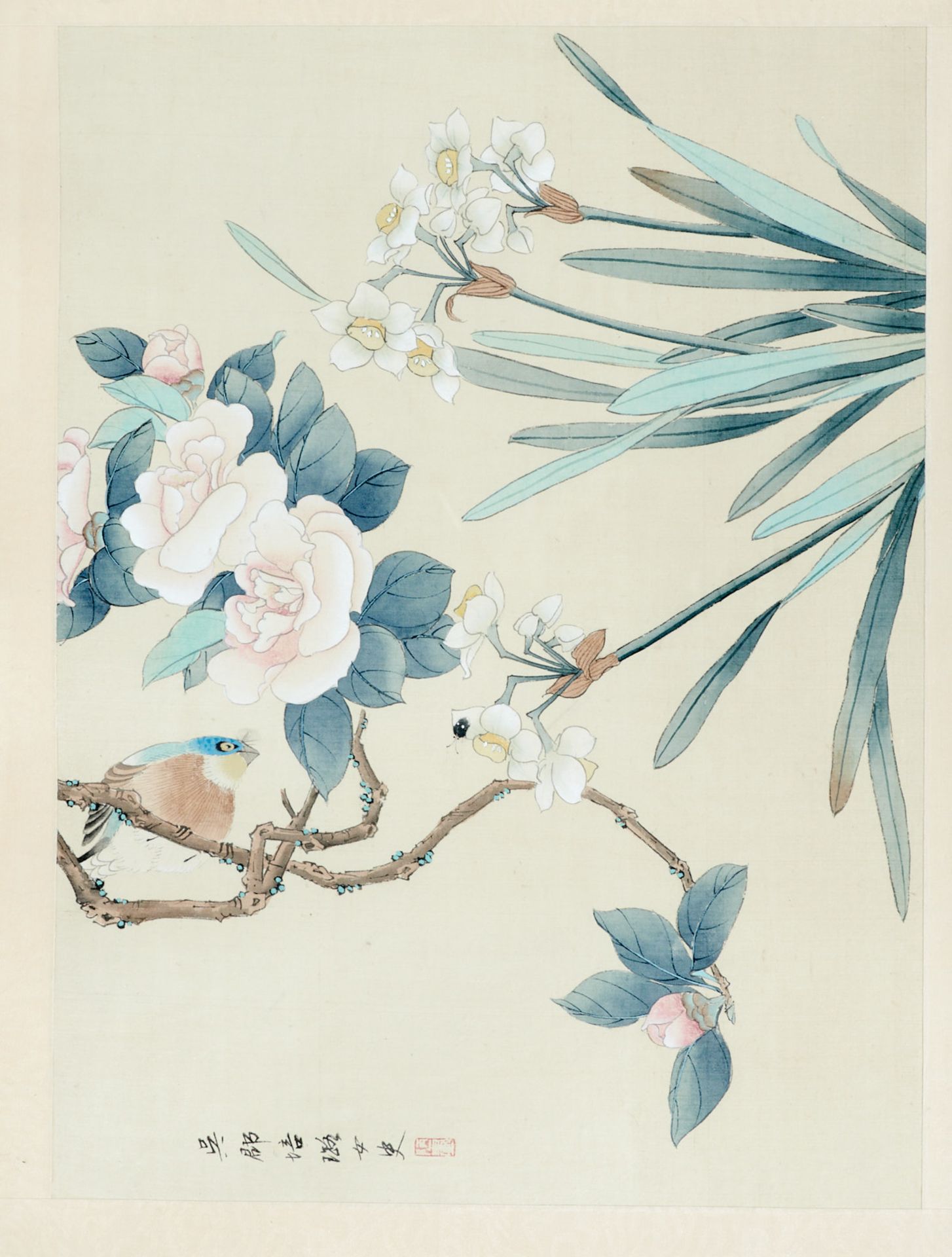 Ostasien Japan Tuschemalerei - 2 Malereien mit Blumen. Tusche und Aquarell auf Seide. Jeweils - Image 3 of 3