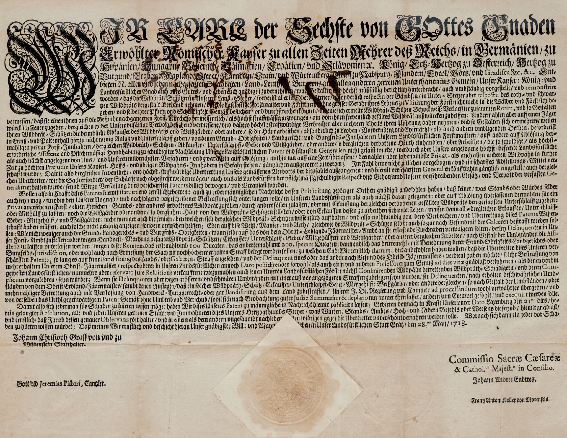 Jagdverordung Österreich Steiermark Karl VI., Patent gegen die Wilderei. Dat. Graz, 28. 5. 1718. Ca.
