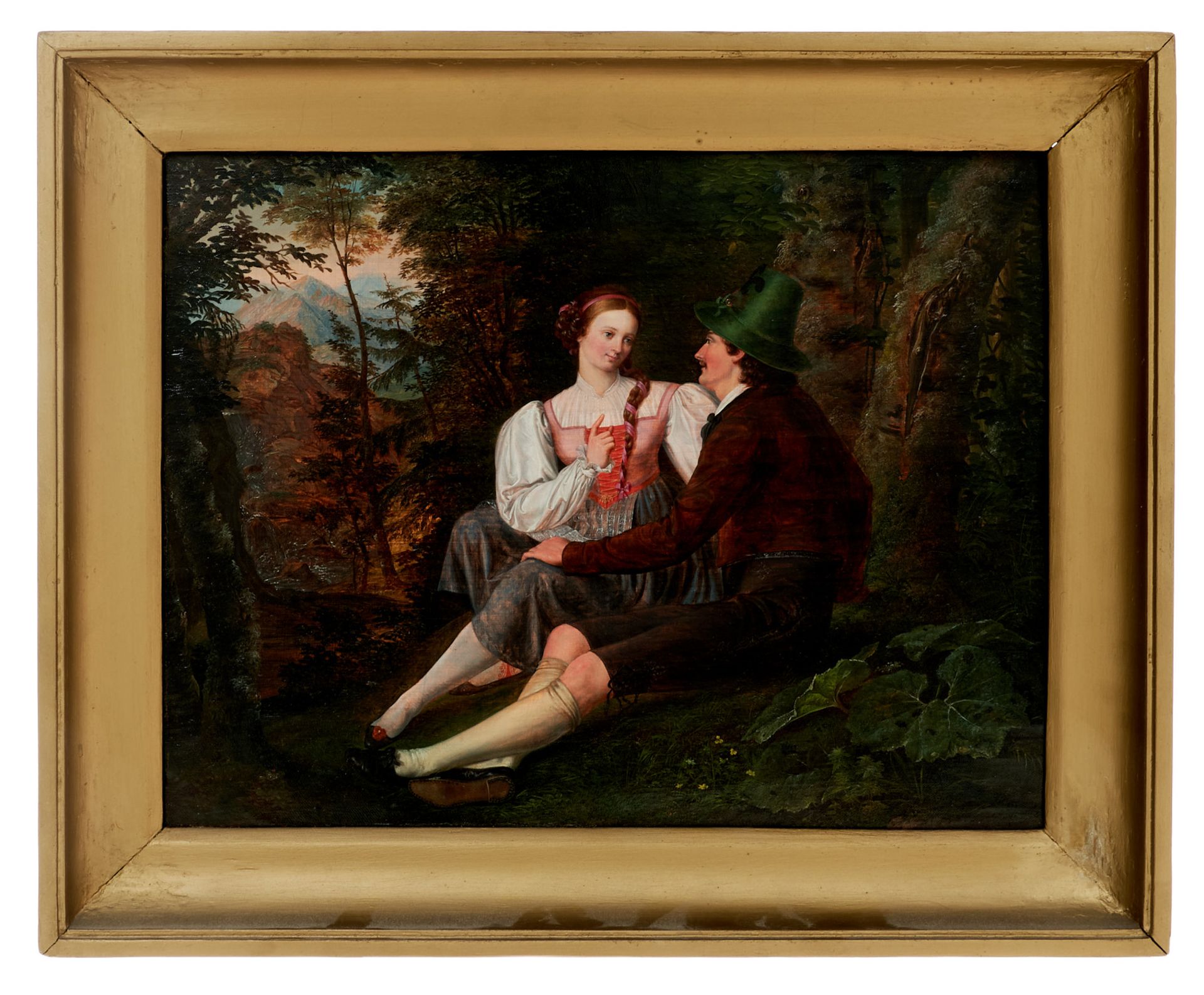 Bayerischer Maler des 19. Jahrhunderts Junges Paar im Wald. Öl auf Leinwand. Nicht sign. und dat. (