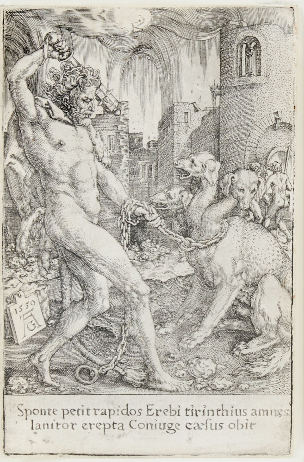 Aldegrever, Heinrich (Paderborn 1502 - ca. 1555 Soest), Herkules und Zerberus. Kupferstich. In der