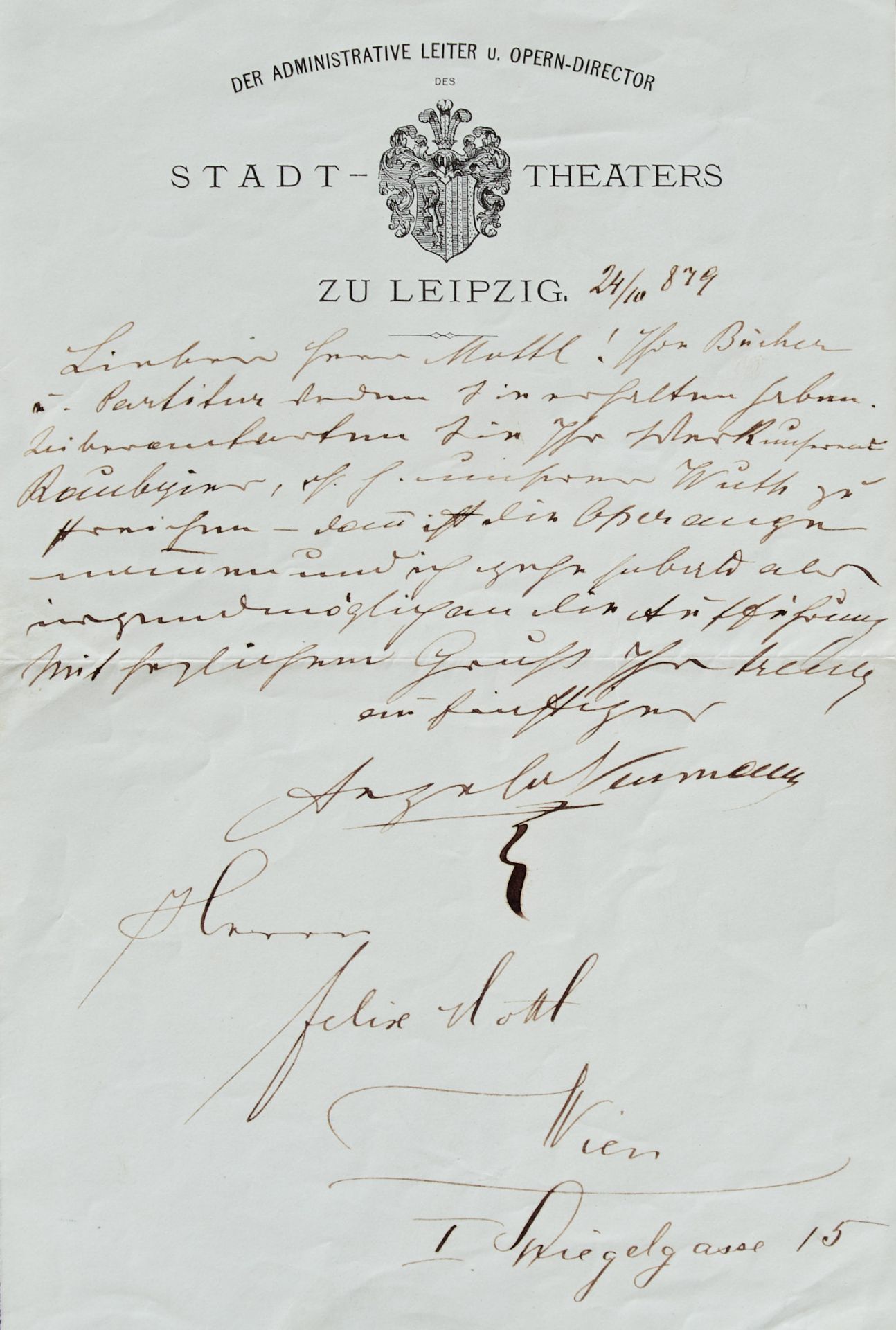 Neumann, A., Theaterintendant (1838-1910). 2 e. Briefe mit e. U. Dat. Leipzig, 24. 10. und 8. 11. (