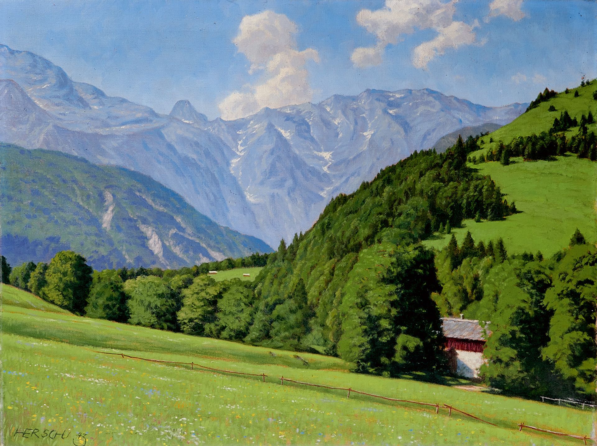 Hersch, Eugen (1887-1967), Vordergraseck bei Partenkirchen gegen das Rheintal. Öl auf Leinwand.