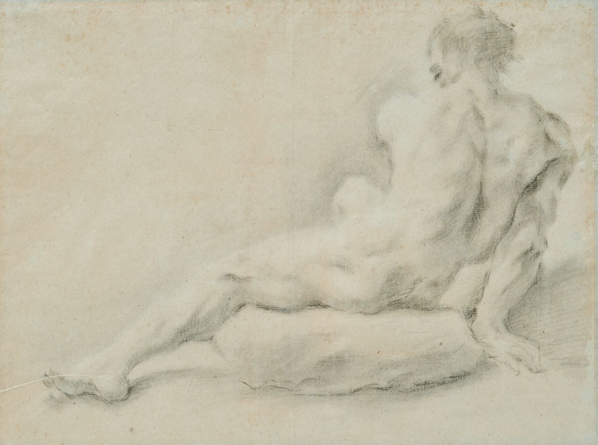 Italienischer Künstler des 18. Jahrhunderts Liegender männlicher Rückenakt. Kohle und Kreide auf