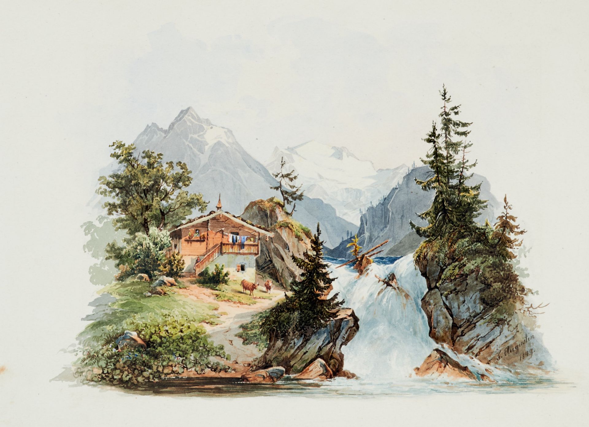 Augustin, Ferdinand von (Wiener Neustadt 1807-1861 Baden), Bauernhaus mit Kühen neben Wasserfall,