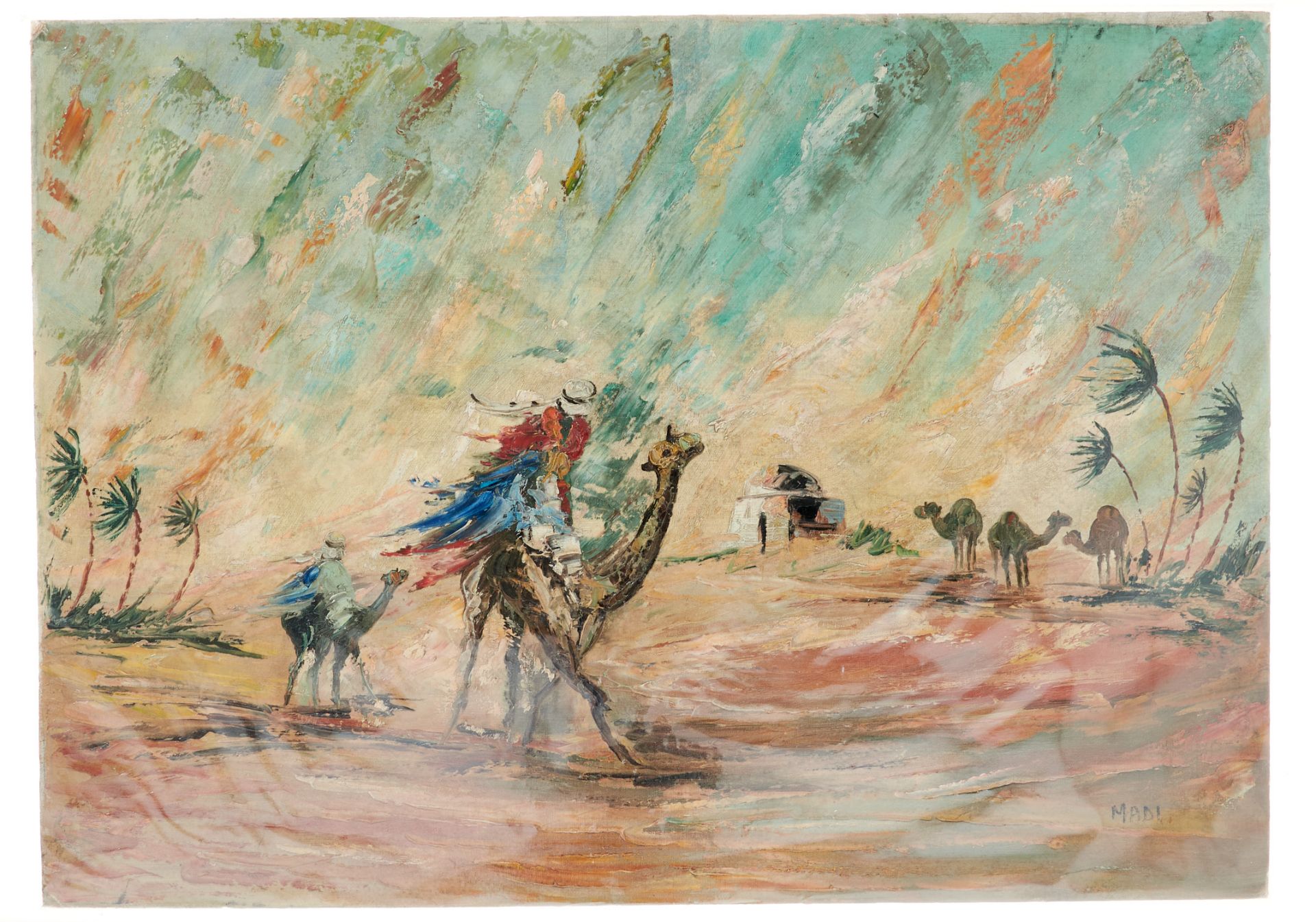 Afrika Madi (Künstler des 20. Jahrhunderts), Sandsturm in der Wüste. Öl auf Leinwand auf Karton.