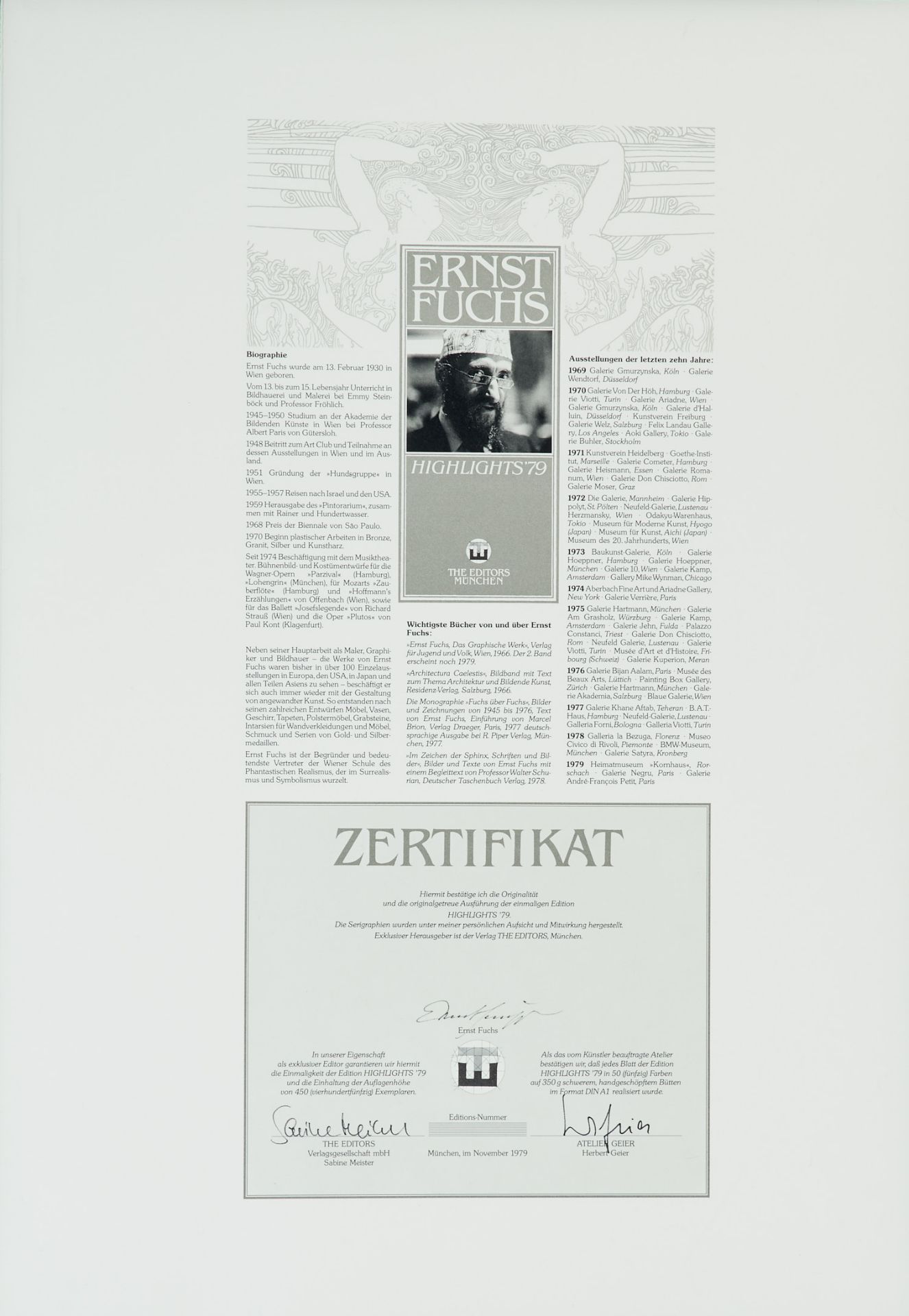 Fuchs, E., Highlights 1. München, The Editors, 1979. Gr.-Fol. Ca 86 x 62 cm. Mit 5 sign. - Image 2 of 3