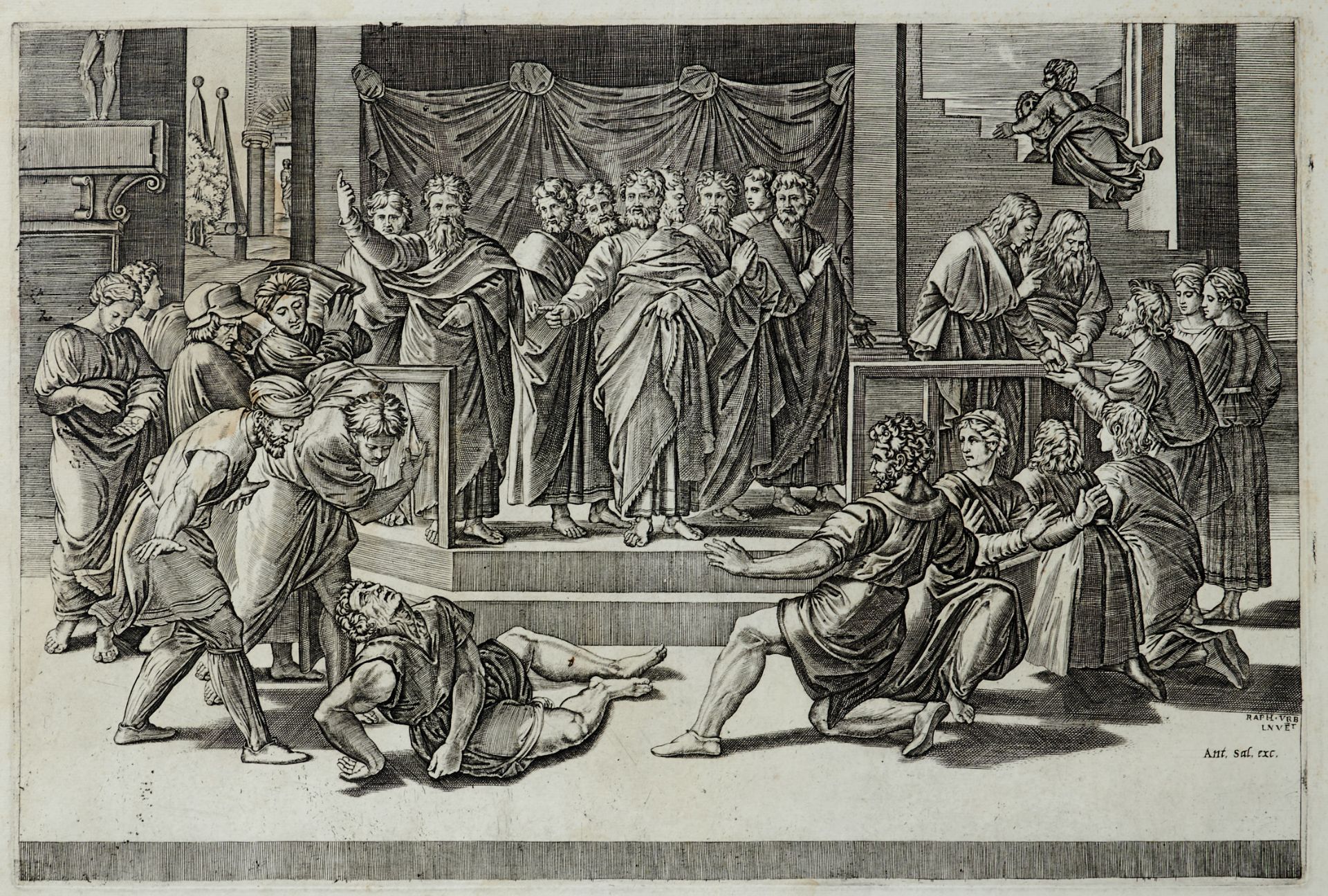 Musi, Agostino dei, genannt Agostino Veneziano (Venedig 1490 - ca. 1569), Der Tod des Ananias.