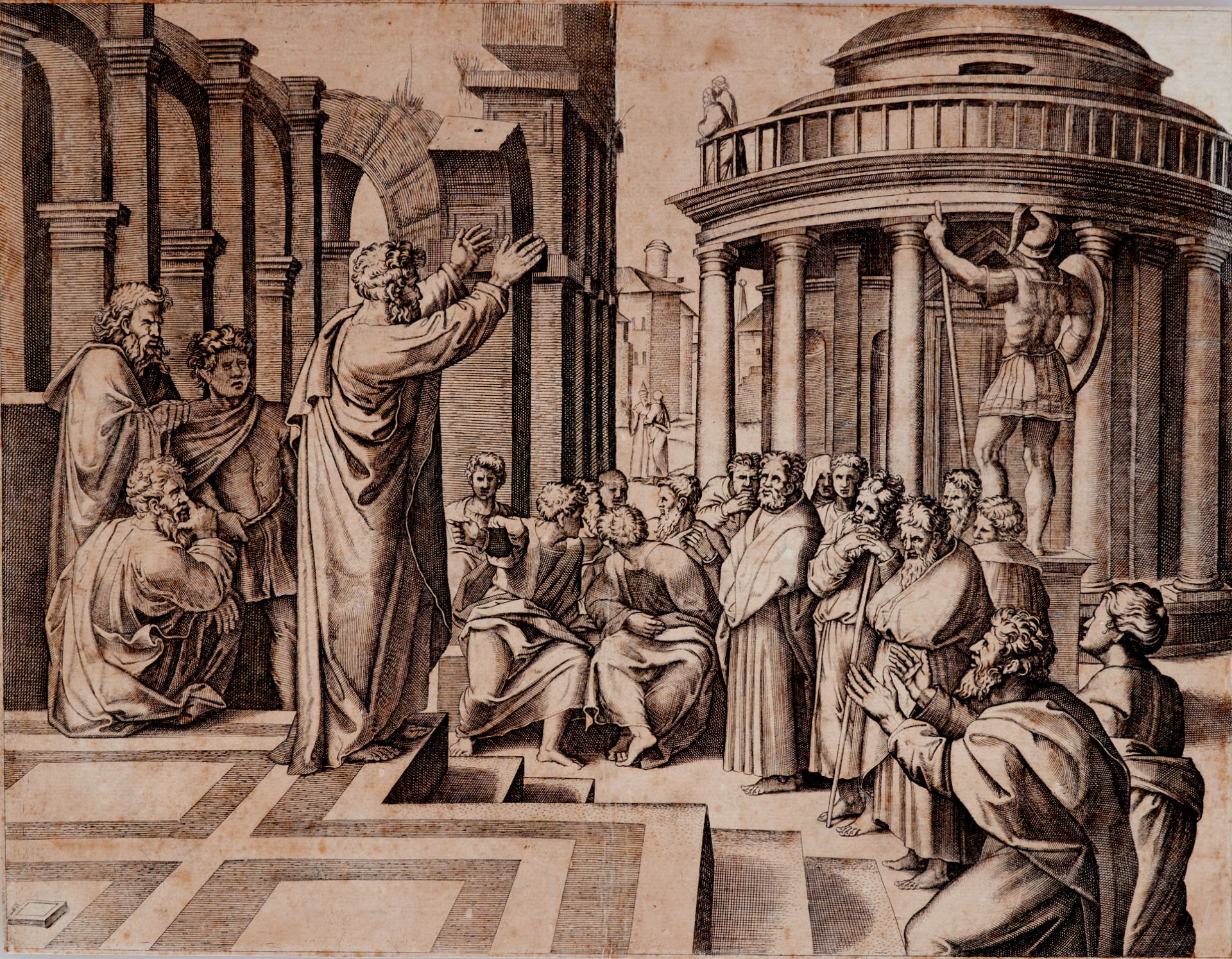 Raimondi, Marcantonio (um 1475-1534 Bologna), Der hl. Paulus predigt in Athen. Kupferstich nach