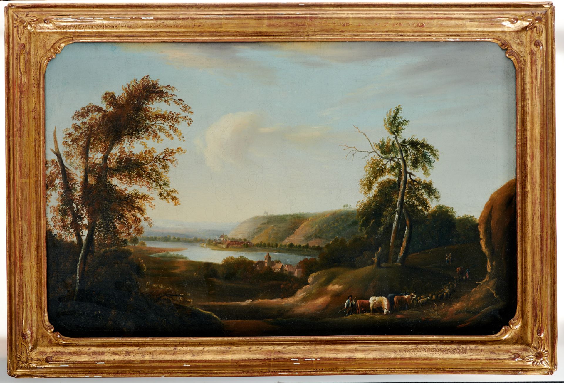 Süddeutscher Maler des frühen 19. Jahrhunderts Landschaft mit Hirten und Herde. Öl auf Leinwand,