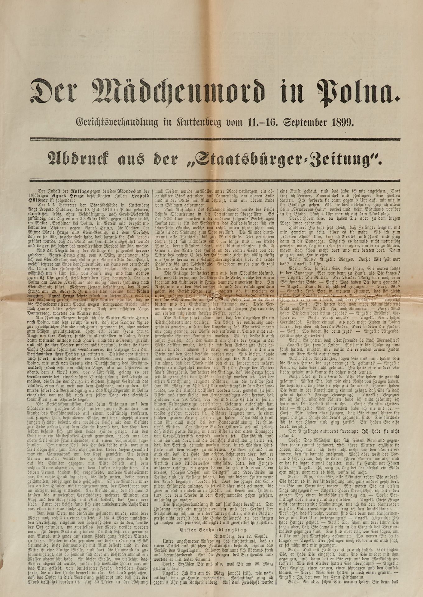 Hilsner-Affäre Der Mädchenmord in Polna. Gerichtsverhandlung in Kuttenberg vom 11.-16. September