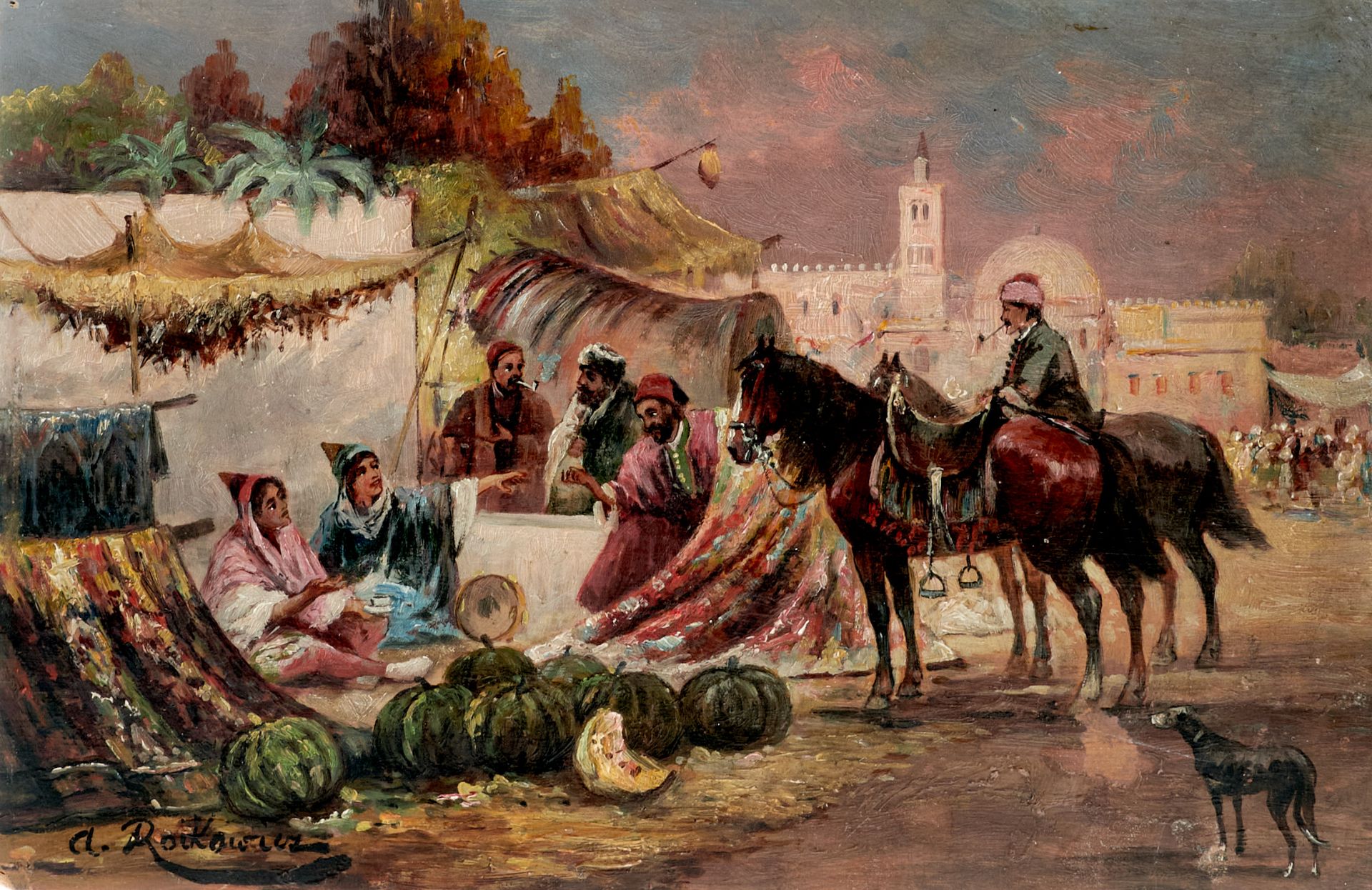 Tunesien Rockawiez, A. (Künstler um 1900), Markt in Tunis. Öl auf Holz. Sign., verso betitelt, nicht