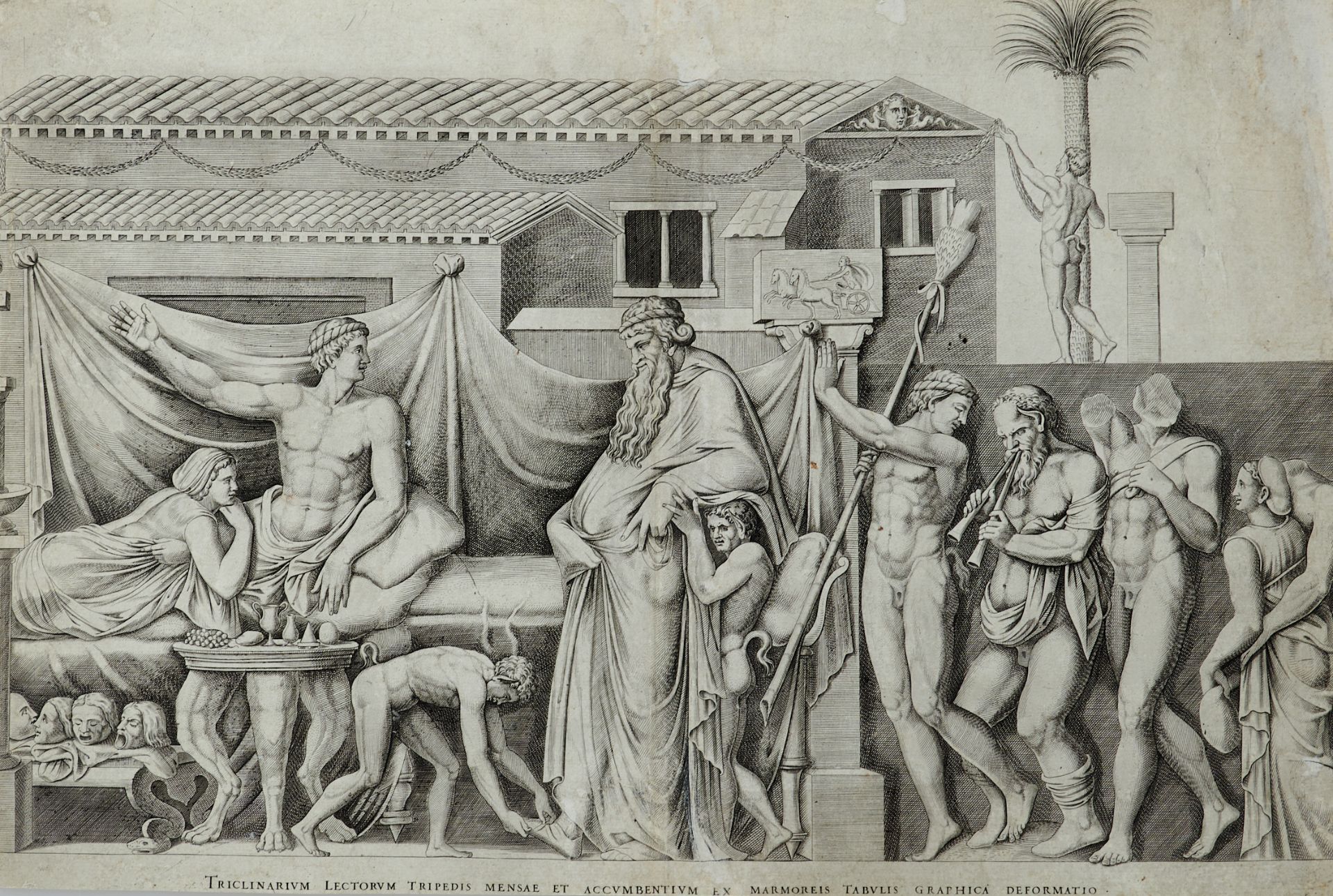 Beatrizet, Nicolas (1515-1565; Zuschreibung), Bacchus besucht den Poeten Icarius. Kupferstich. Nicht