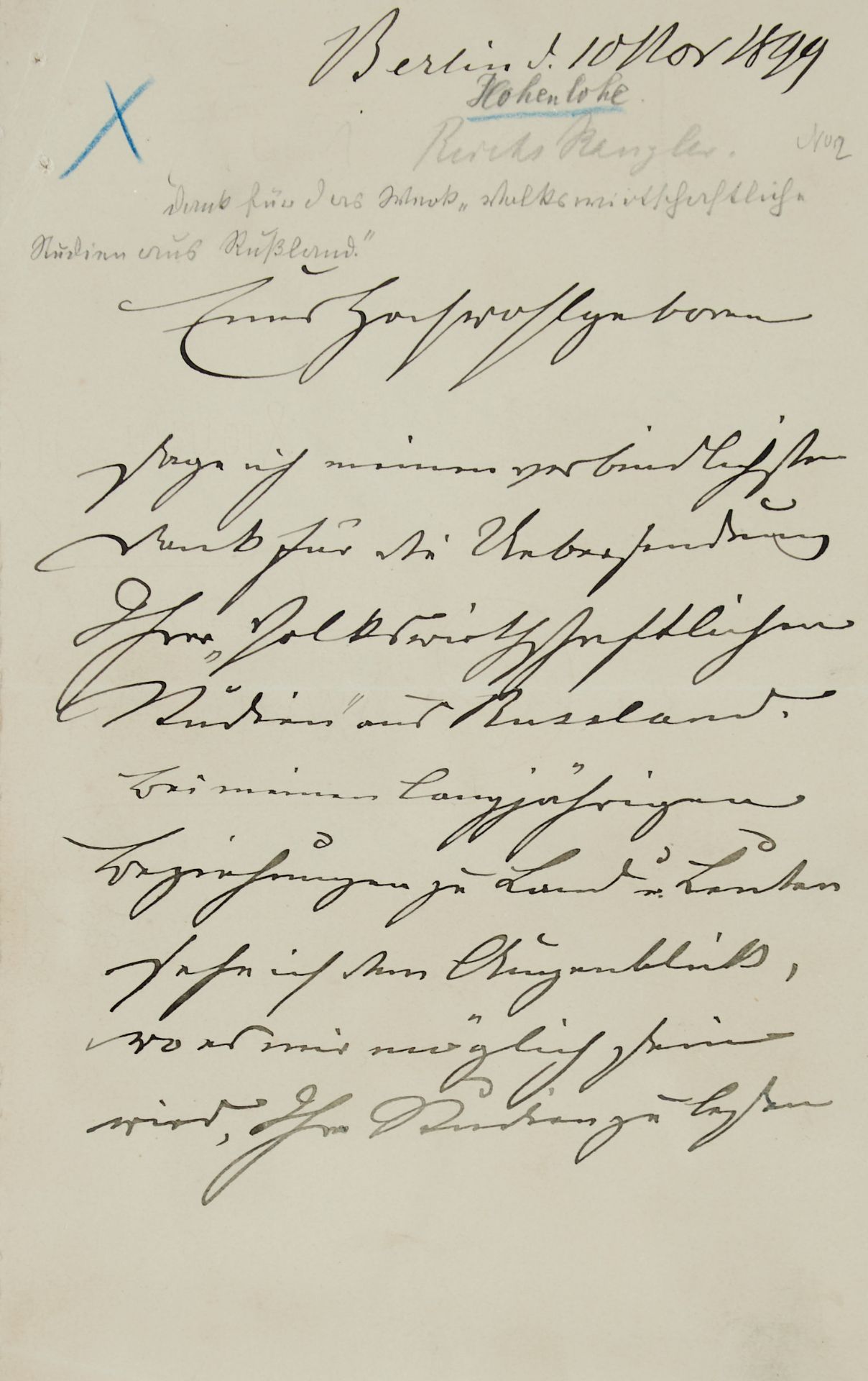 Hohenlohe-Schillingsfürst, Ch. zu, deutscher Reichskanzler (1819-1901). E. Brief mit U. Dat. Berlin,