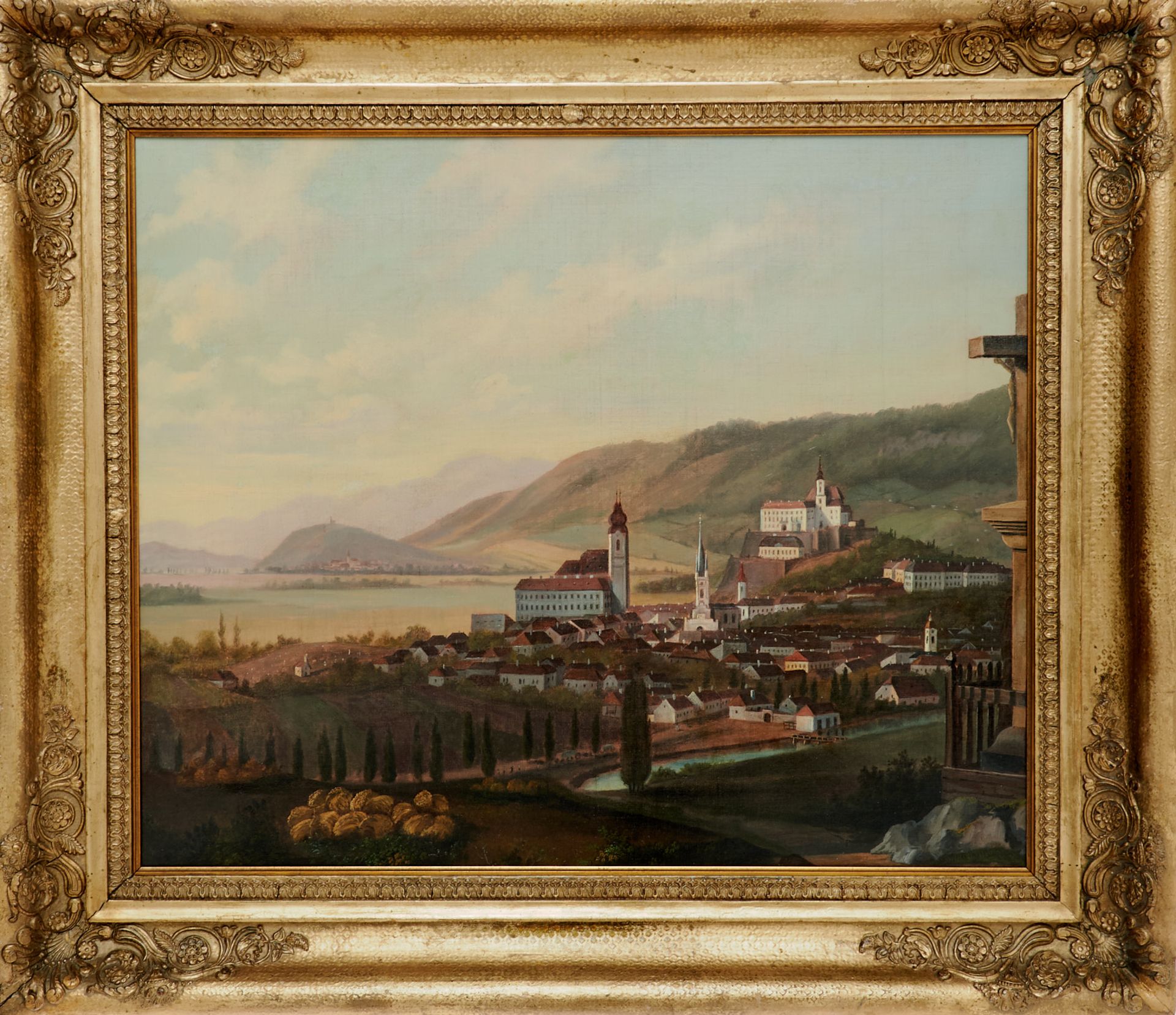 Mitteleuropa - Blick von einem Hügel auf eine Stadt mit einigen Kirchen. Öl auf Lwd., um 1860. 52 - Image 2 of 2