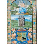Pergamentblätter Miniaturen - Ritterliches Wappenbild mit thronender Madonna. Goldgehöhte Miniatur