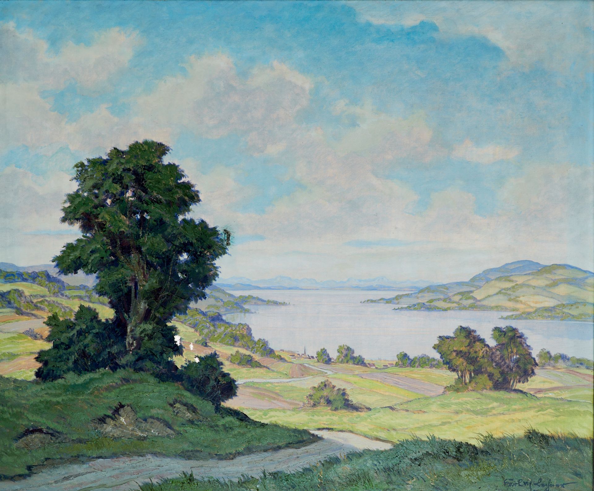 Lechner, Karl Maria (München 1890-1974 Bad Reichenhall), Blick über den Chiemsee. Öl auf Leinwand.