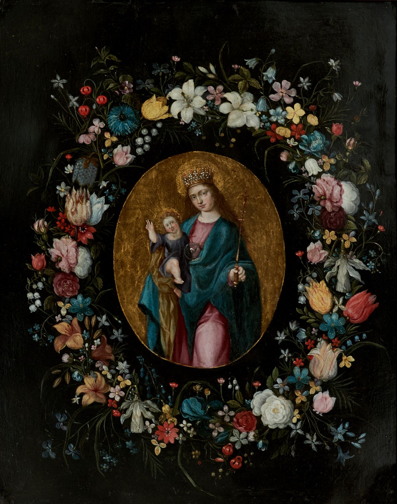 Niederländischer Meister der 2. Hälfte des 17. Jahrhunderts Madonna mit Kind in Blumenkranz. Öl