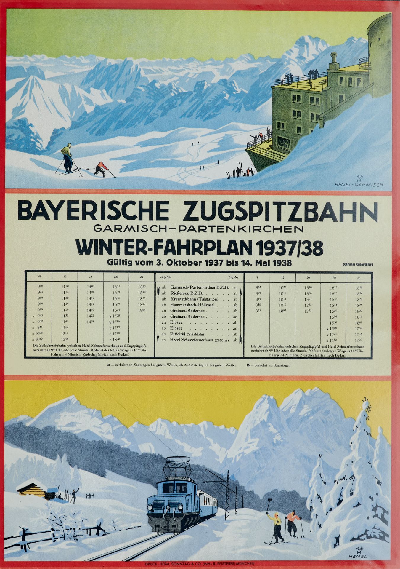 Plakate Alpen Henel, E. H., "Bayerische Zugspitzbahn Garmisch-Partenkirchen Winter-Fahrplan 1937/