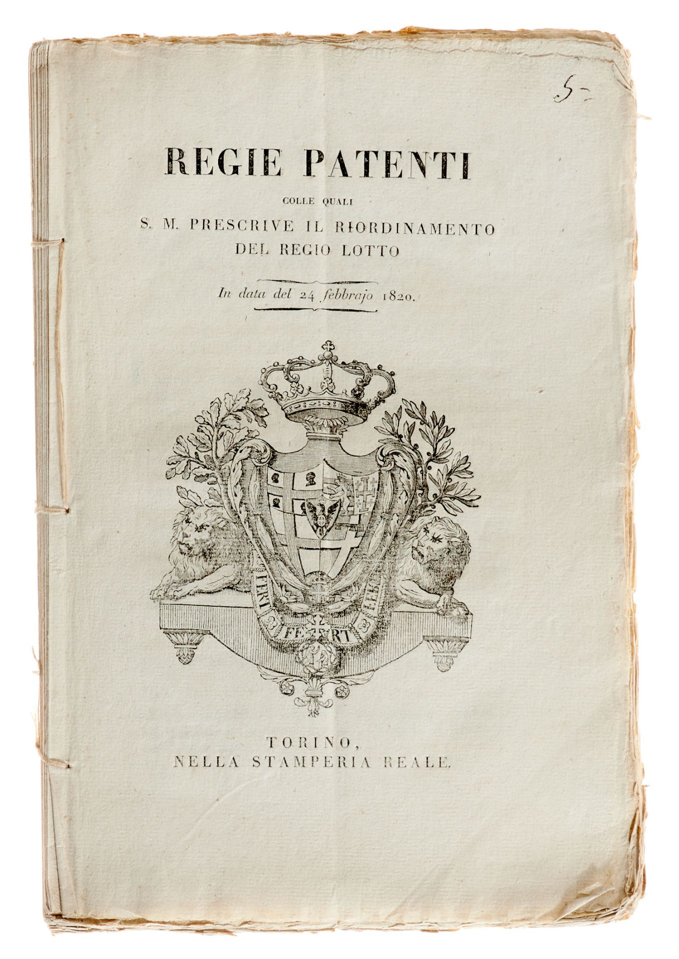 Lotterie Sammlung von 5 Verordnungen zu Glücksspielen und Lotterien. 1774-1836. Verschied.