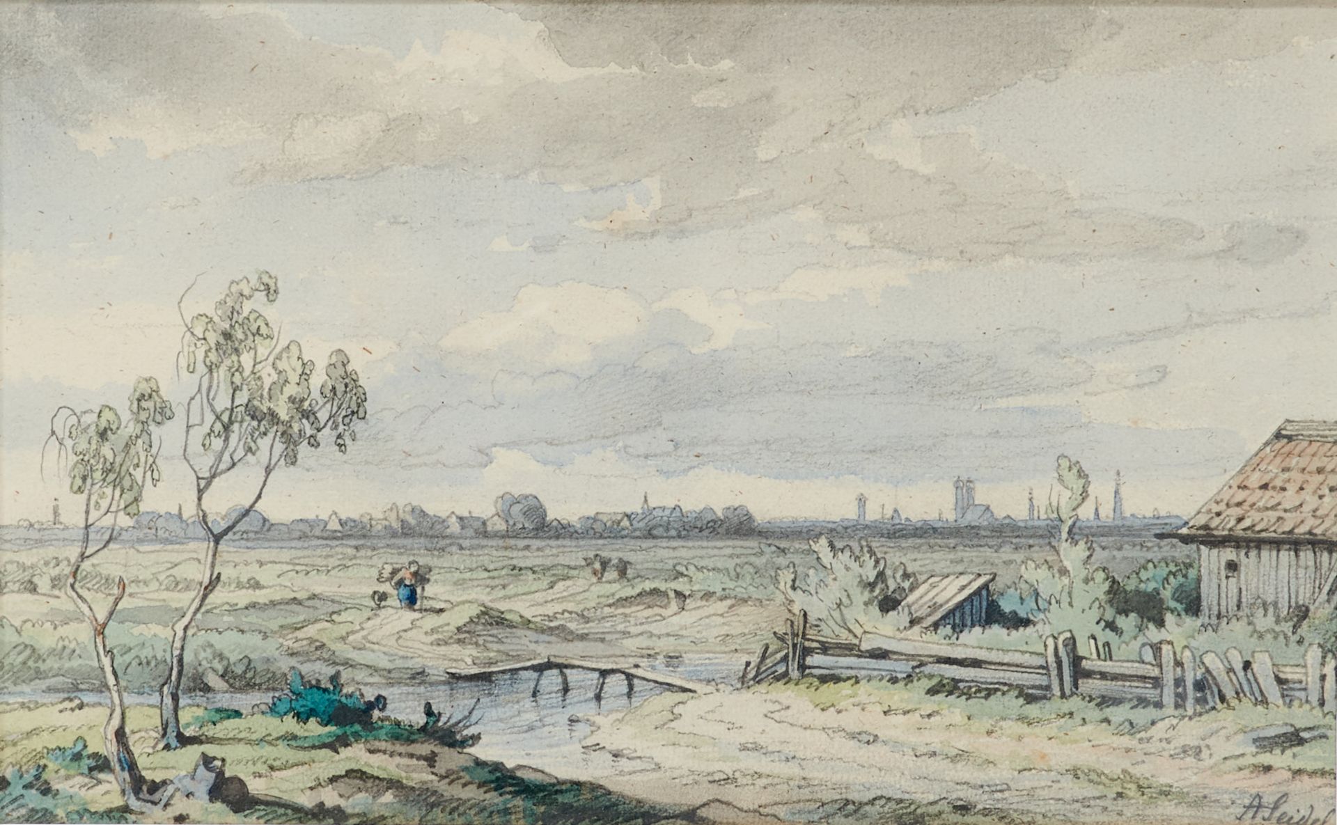 Seidel, August (München 1820-1904 ebda.), Blick auf München von Osten. Aquarell über Bleistift auf