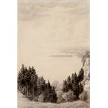 Eyth, Karl (Bregenz 1877-1957 ebda.), Blick über den Bodensee mit Lindau im Zentrum. Bleistift auf