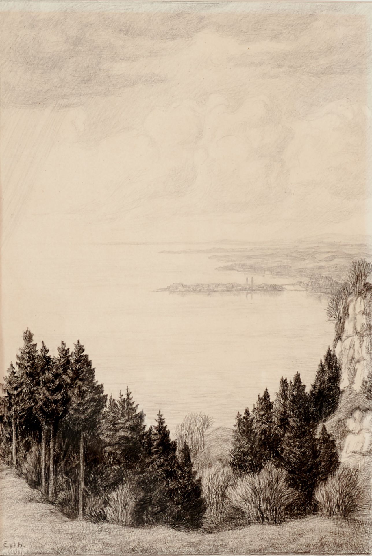 Eyth, Karl (Bregenz 1877-1957 ebda.), Blick über den Bodensee mit Lindau im Zentrum. Bleistift auf