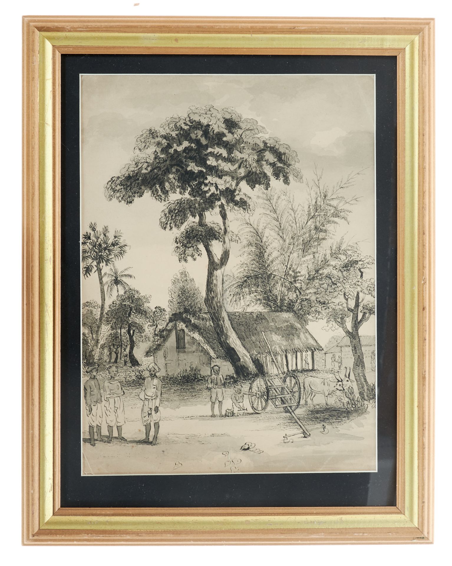 Asien Indien - Im Dorf. Feder und Tusche auf Papier. Um 1890. Sichtmaß: 34 x 25,5 cm. - In