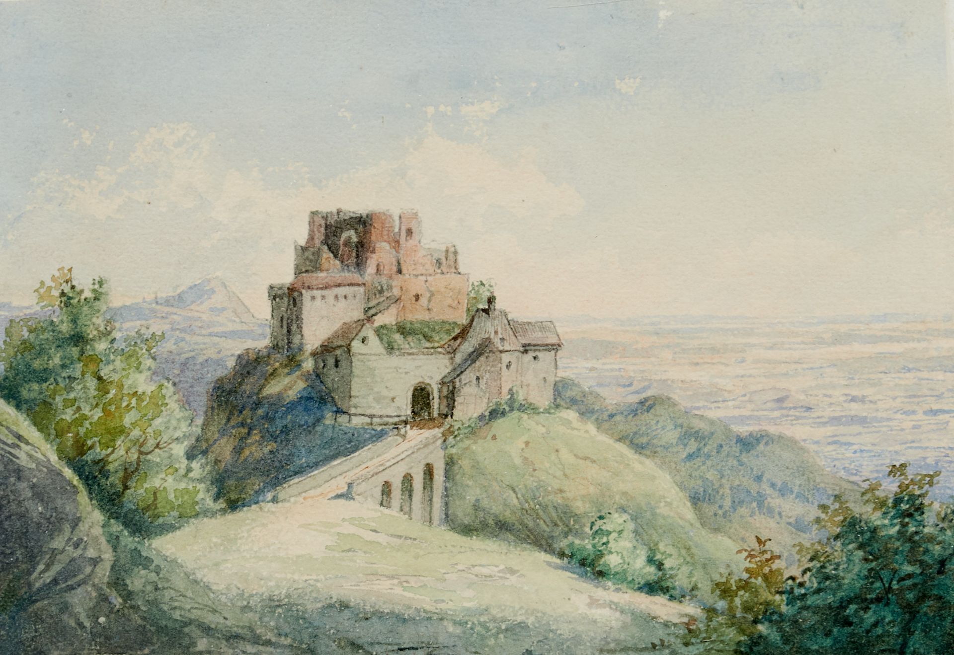 Hohenrechberg - Blick auf die Burg Hohenrechberg bei Schwäbisch Gmünd. Aquarell, dat. "4. III.