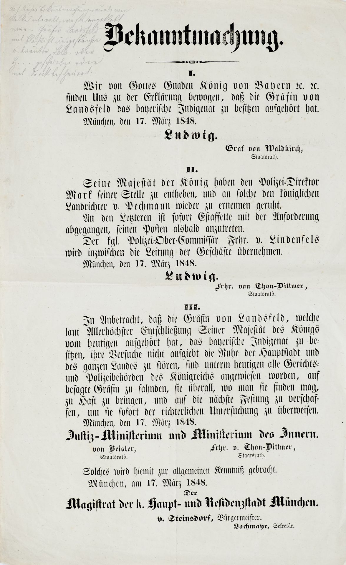 Bayern Ludwig I. Lola Montez Bekanntmachung. Wir von Gottes Gnaden König von Bayern etc. etc. finden