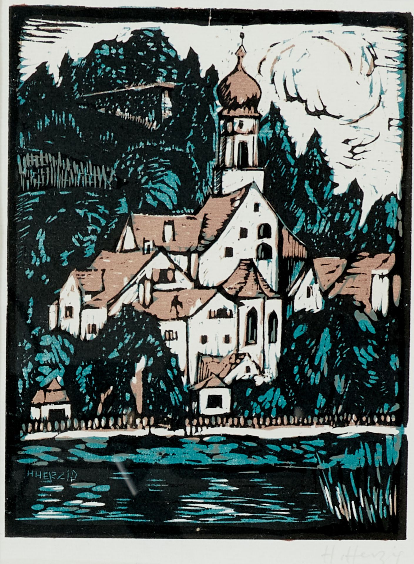 Herzig, Heinrich (Rheineck 1887-1964 ebda.), Im Rheintal - Dorf am Rhein. 1 Holzschnitt,