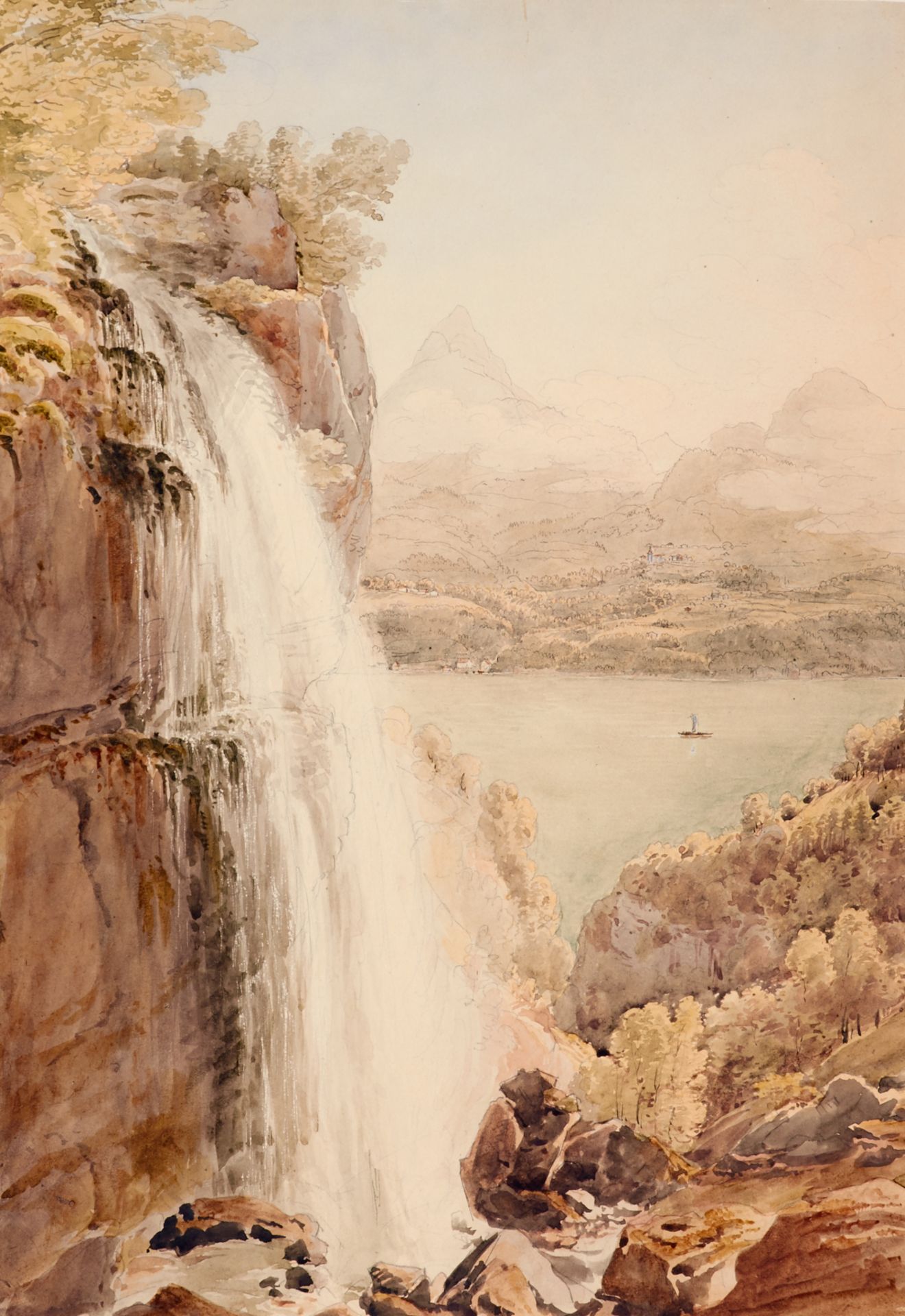 Schweiz - Gebirgsansicht mit Wasserfall, im Hintergrund wohl das Matterhorn. Aquarell und