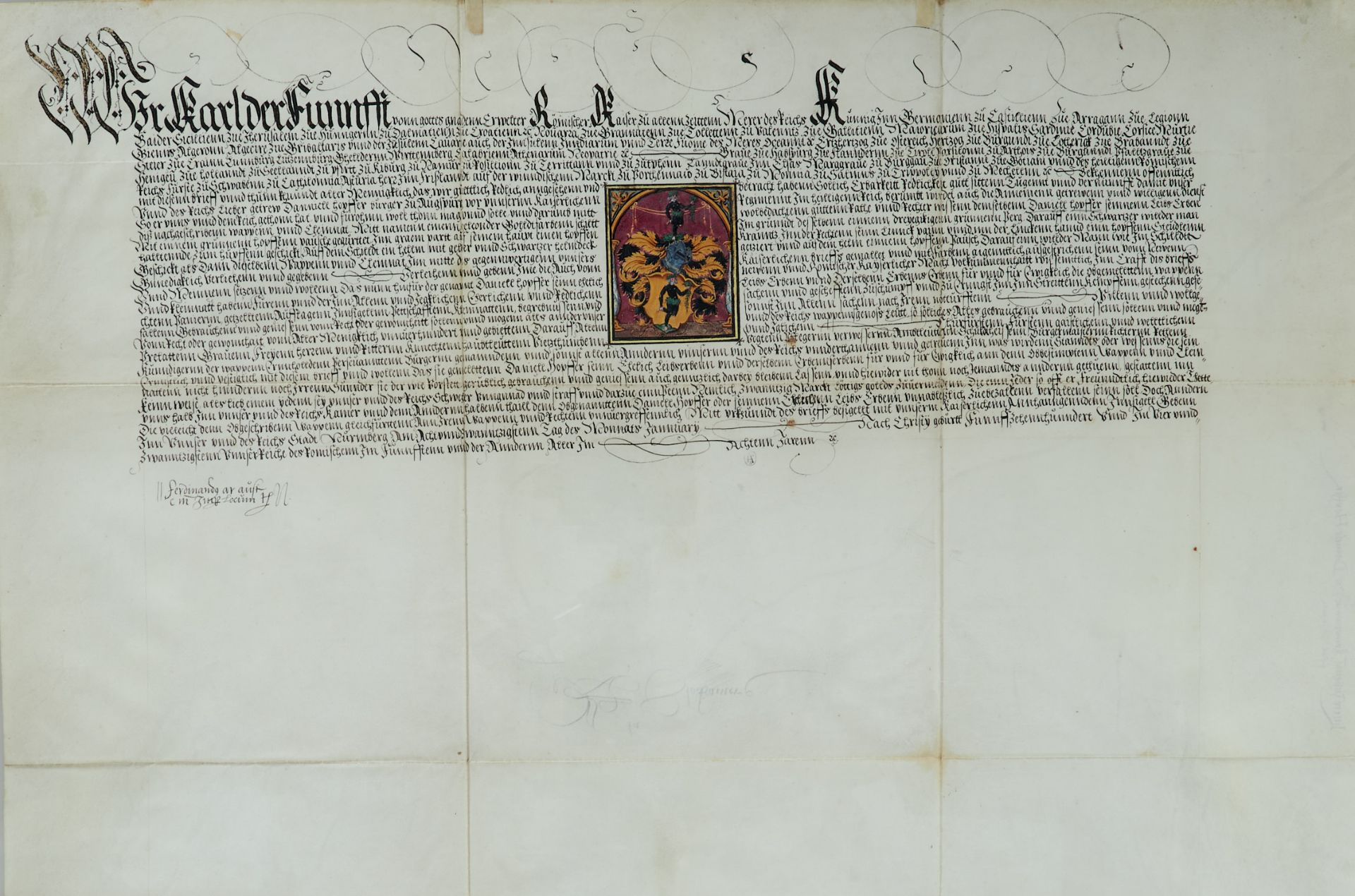 Hopfer Wappenbrief für Daniel Hopfer. Deutsche Urkunde auf Pergament. Dat. Nürnberg, 28. 1. 1524. - Image 2 of 3