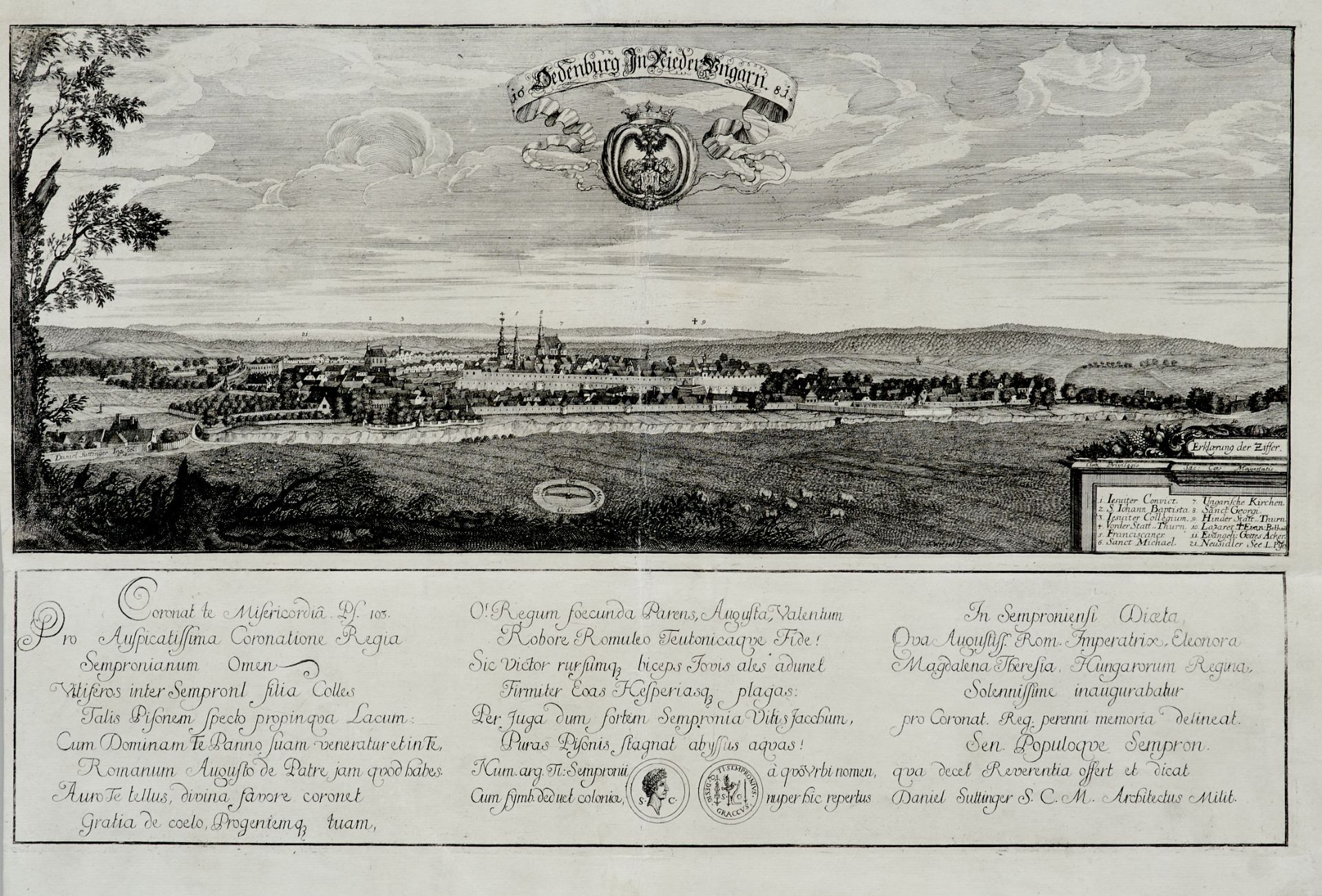 Ungarn Ödenburg - "Oedenburg in Nieder Ungarn". Panorama der Stadt Sopron mit Wappen und Legende (