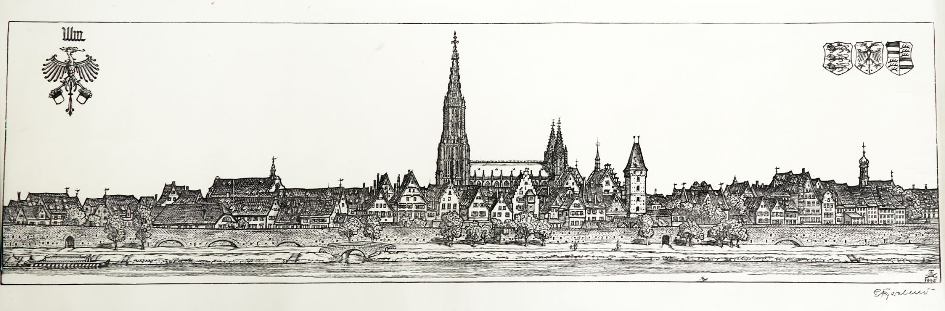 Stuttgart - "Stuttgart". Holzschnitt auf Pergaminpapier von E. Feyerabend, dat. 1945. 27,5 x 147 cm.