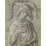 Leyden, Lucas van (Leiden 1494-1533 ebda.), Bildnis eines jungen Mannes mit Totenkopf. Radierung auf