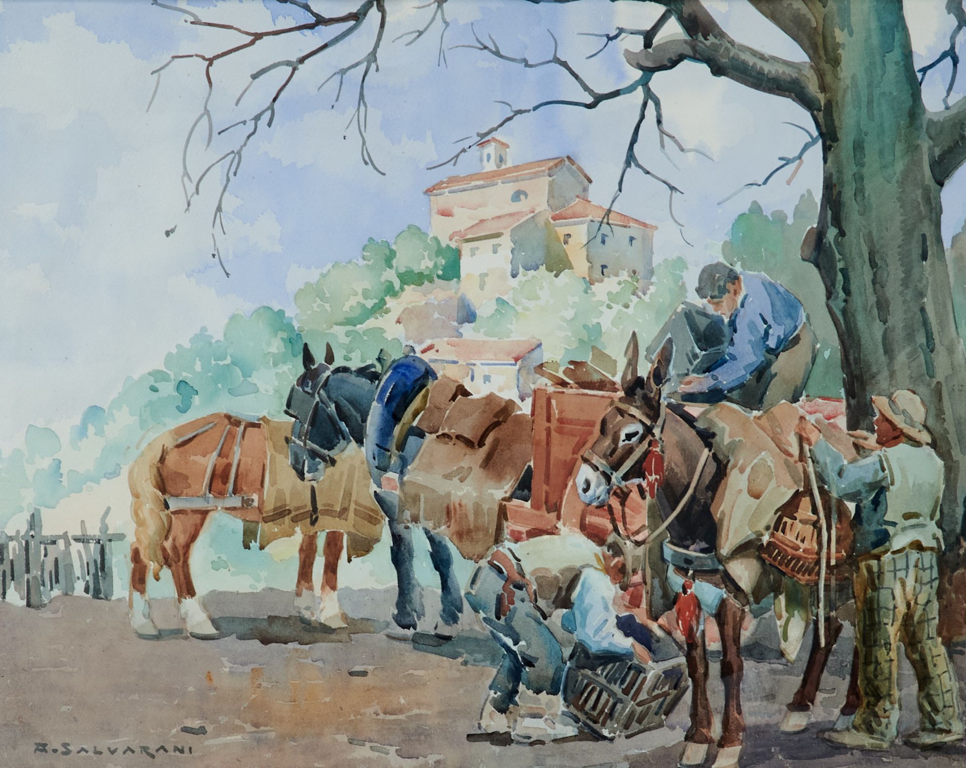 Salvarani, Arcangelo (Quartirolo di Carpi 1882-1953 Modena), Beim Beladen der Packesel. Aquarell auf - Bild 2 aus 2