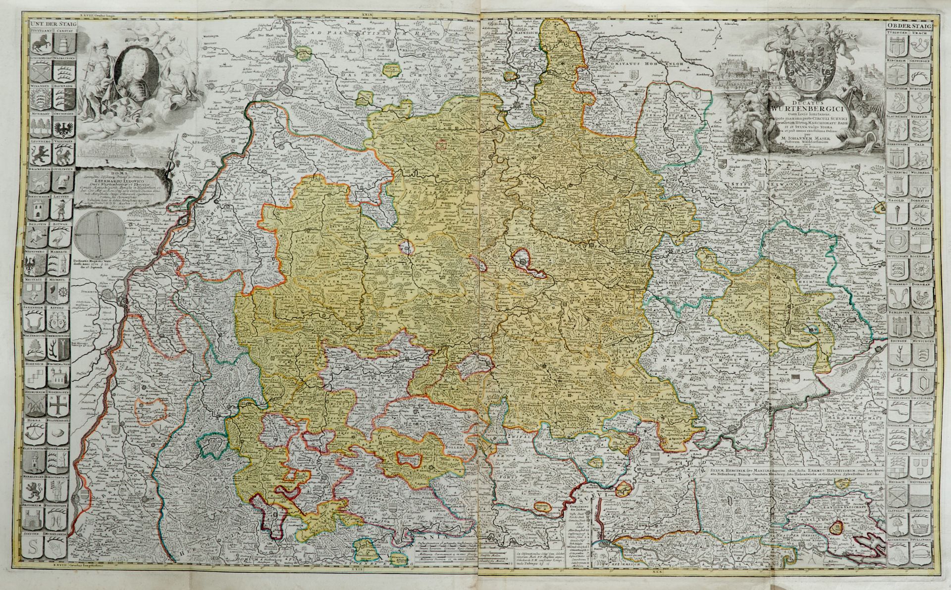 Württemberg - 5 (3 altkolor und 2 unkolor.) Kupferstichkarten des 16. bis 18. Jhdts. von