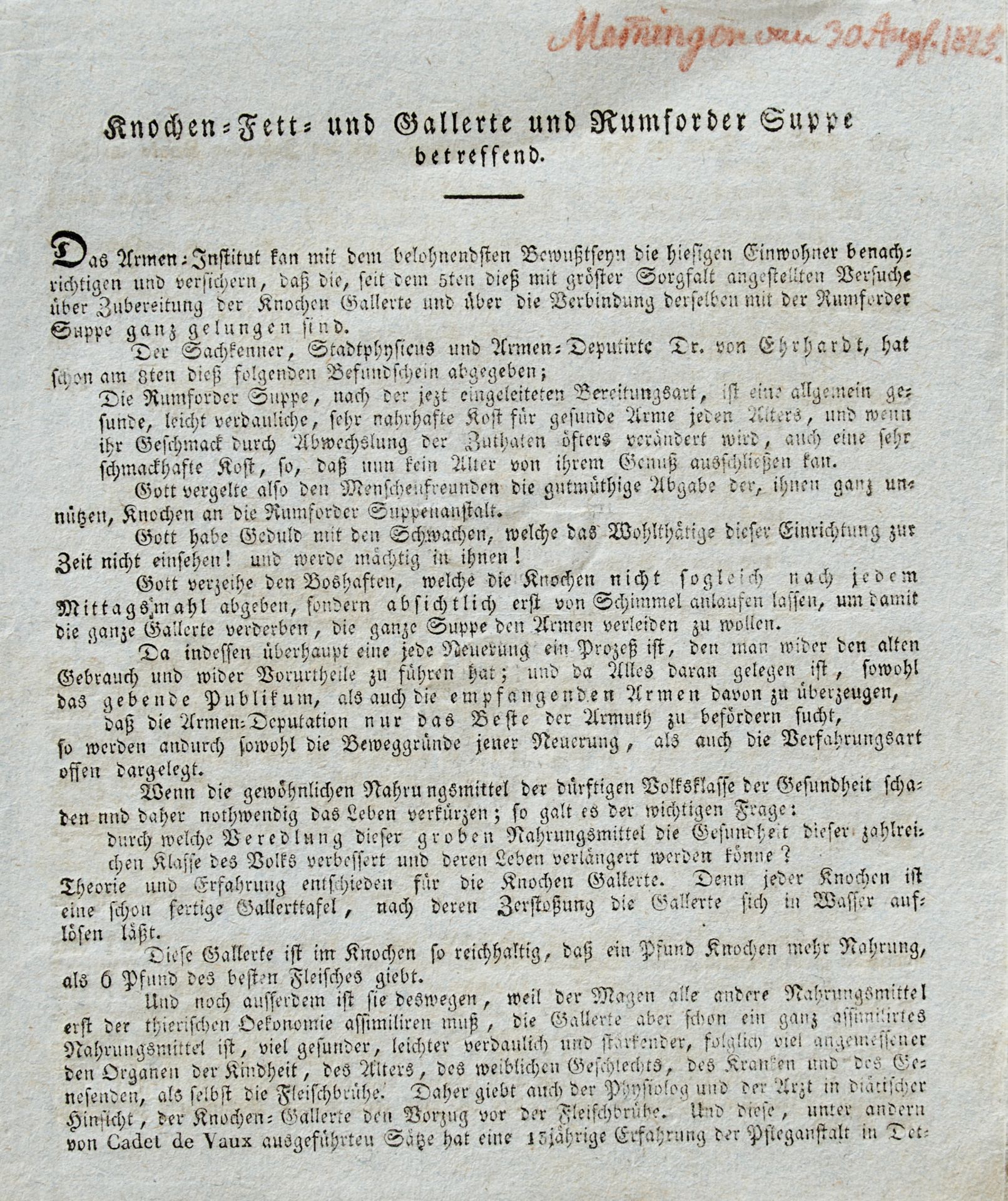 Bayern Memmingen Knochen-Fett- und Gallerte und Rumforder Suppe betreffend (Kopftitel). O. O., Dr.