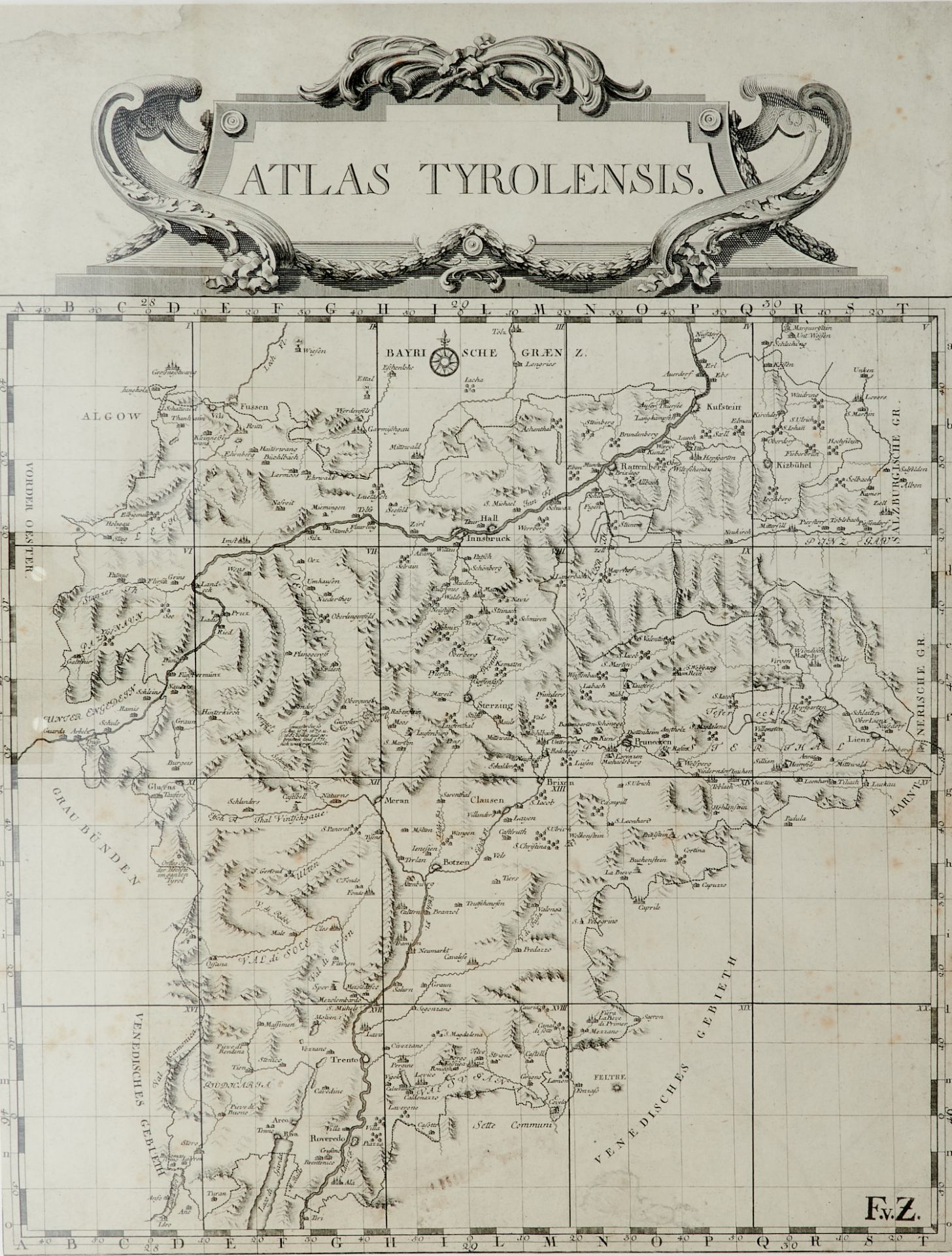 Österreich Tirol - "Atlas Tyrolensis". Übersichtskarte. Kupferstich von J. E. Mansfeld nach P. Anich