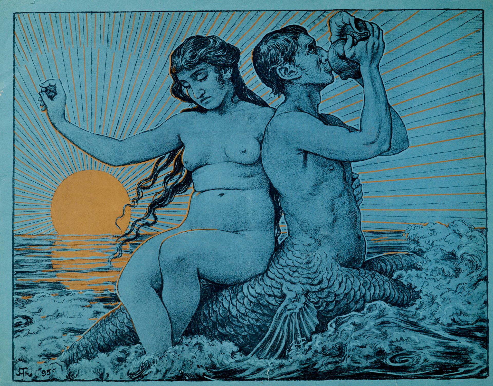 Thoma, Hans (Bernau 1839-1924 Karlsruhe), Triton und Nereide. Farblithographie auf blauem Papier. Im