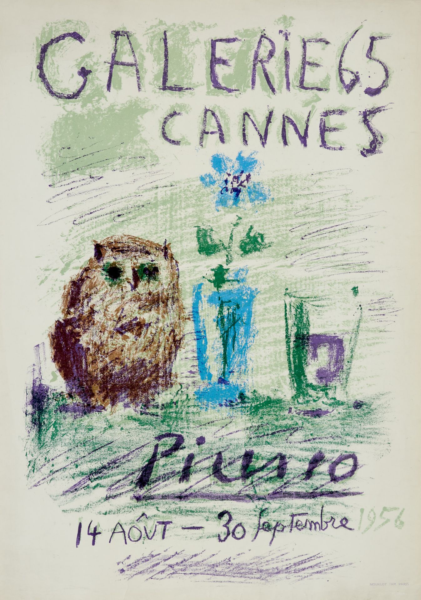 Plakate Picasso, P., "Galerie 65 Cannes. Picasso 14 Aoľt - 30 Septembre 1956." (Hibou, Verre et
