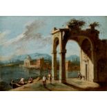 Guardi, Francesco (1712-1793; Umkreis), Venezianisches Architekturcapriccio mit Figuren. Öl auf