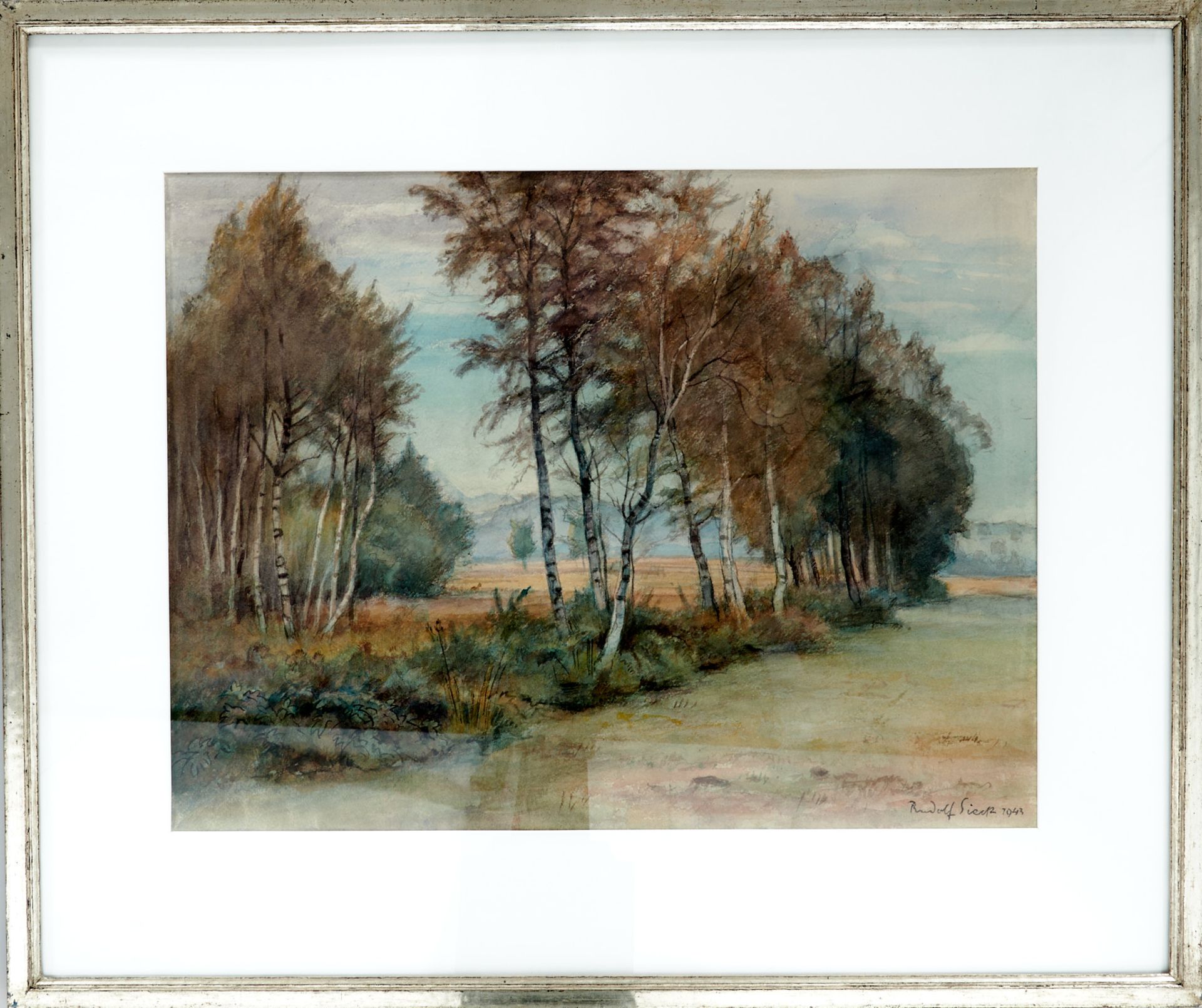 Sieck, Rudolf (Rosenheim 1877-1957 Prien am Chiemsee), Chiemgaulandschaft mit Birken. Aquarell