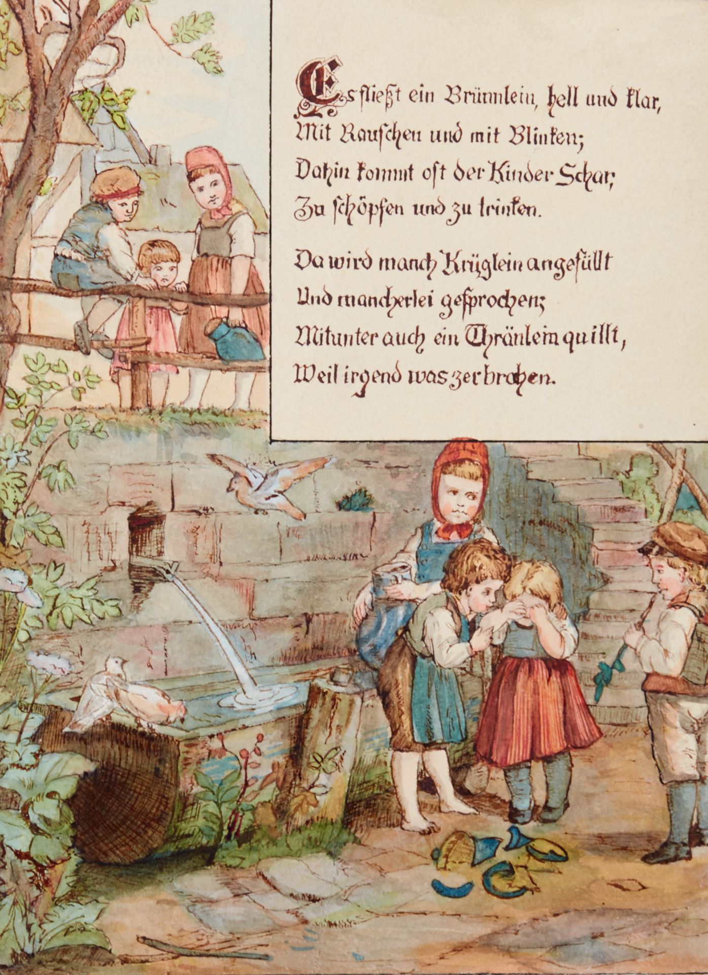 Umkreis Ludwig Richter Kinderbuchillustration - "Es fließt ein Brünnlein, hell und klar, / Mit